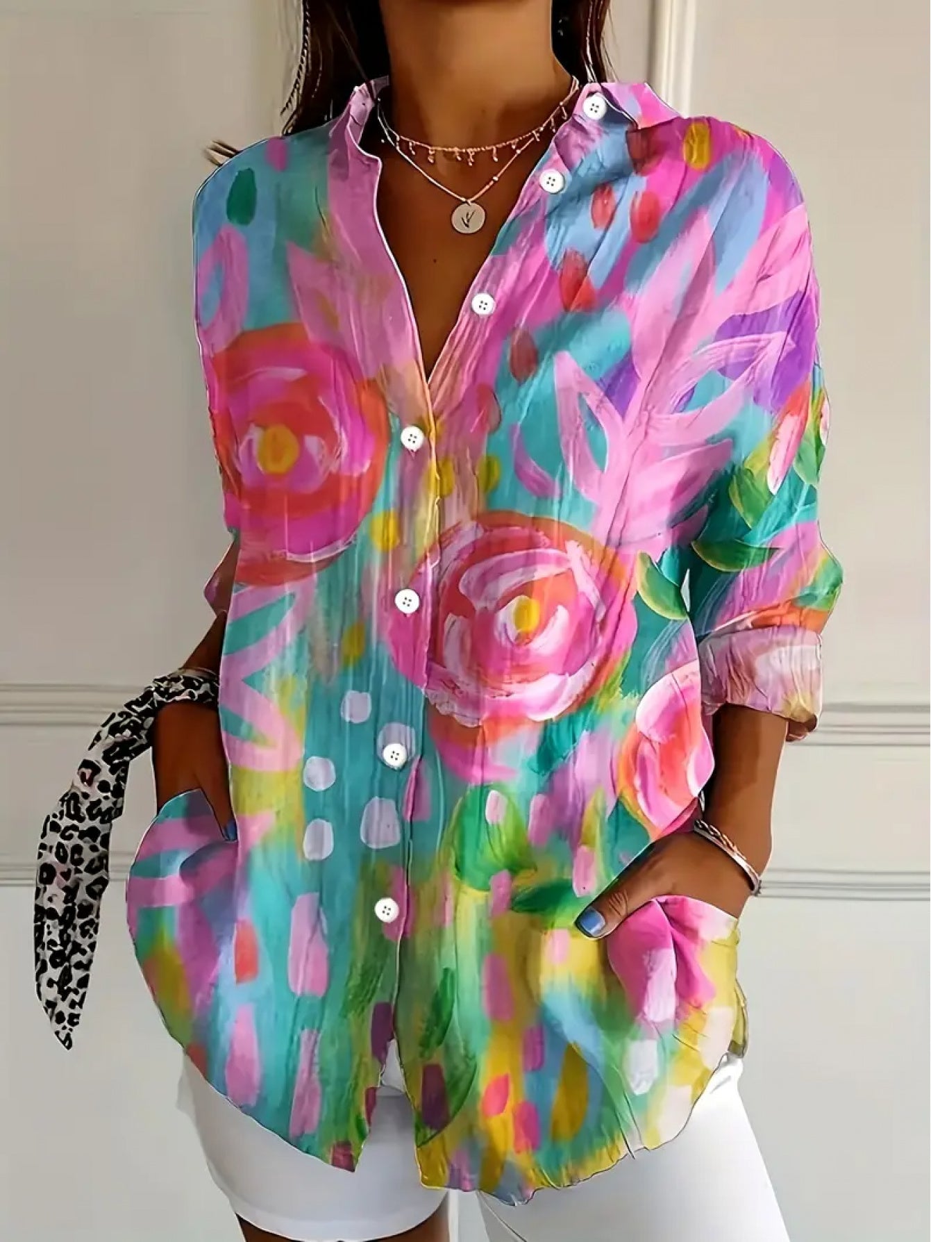 Women'S Lightweight Floral Print Button-Up Shirt - Long Sleeve Collared Blouse with Vibrant Pink, Blue, Yellow & Green Floral Pattern, Elegant Single-Breasted Design for Spring/Summer, Versatile Casual to Formal Wear, Floral