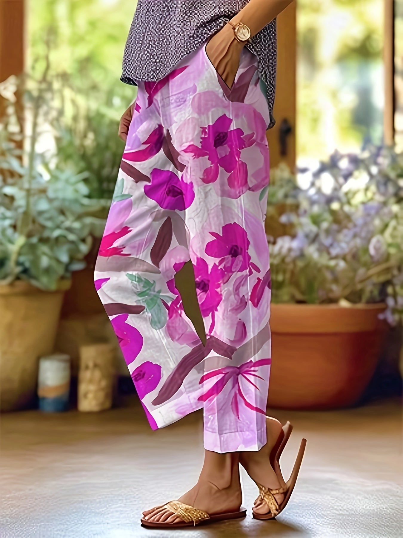 Women's Elegant Floral Print Straight-Leg Casual Pants with Pockets - Machine Washable Non-Stretch Fabric, All-Season Versatile Trousers for Casual Attire & Leisure Activities, Relaxed Activity Trousers, No Stretch Fabric