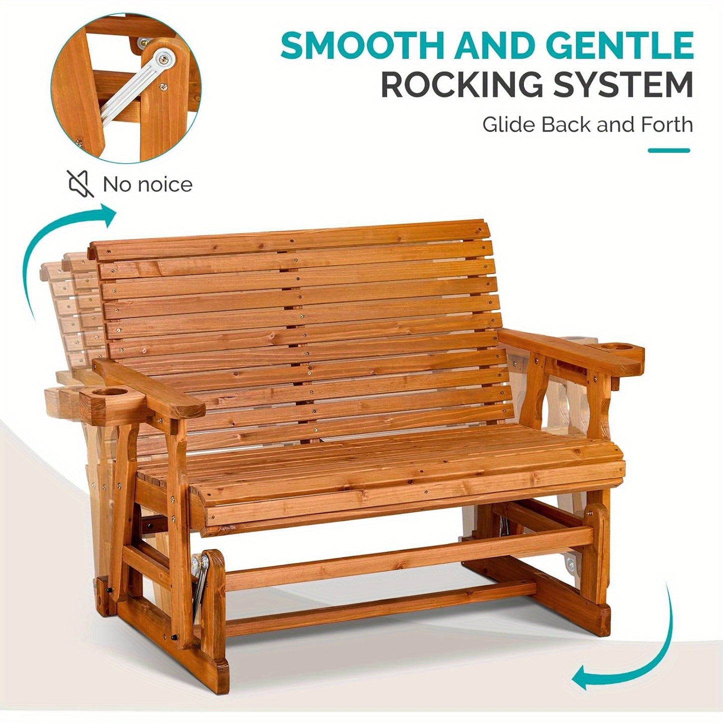 [Wood Patio Glider Bench] Heavy Duty 800 LBS Outdoor Glider Bench Wood Patio Glider with Cup Holders, Porch Glider Chair Outdoor Bench Glider Loveseat with Smooth Rocking Mechanism