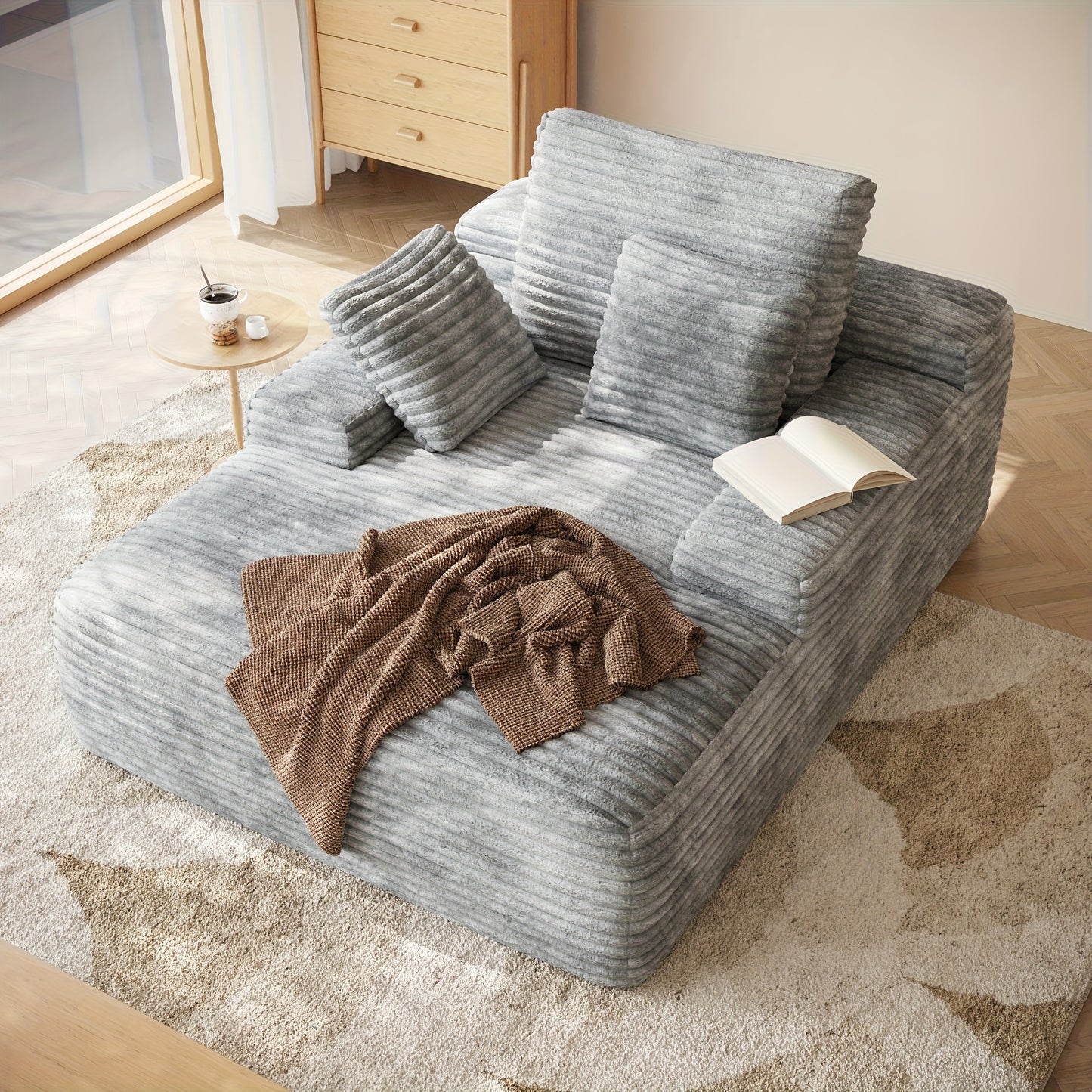 67" Oversized Chaise Lounge Chair Sofa Bed with Corduroy Upholstery - No Assembly Required, Plush Cloud Sleeper with Throw Pillows, Deep Seat & Wide Armrests, High-Density Foam Base, 1000lb Weight Capacity, Modern Luxury Slee