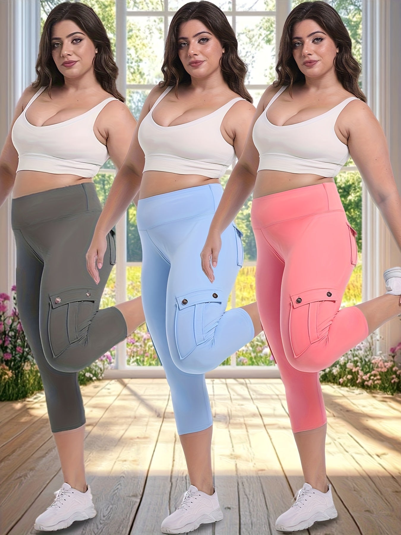 3pcs Women'S High-Waisted Yoga 7/10 Pants with Pockets - Stretch Running And Sports Leggings, Button Design, Solid Color, Comfortable Polyester Blend Fabric.