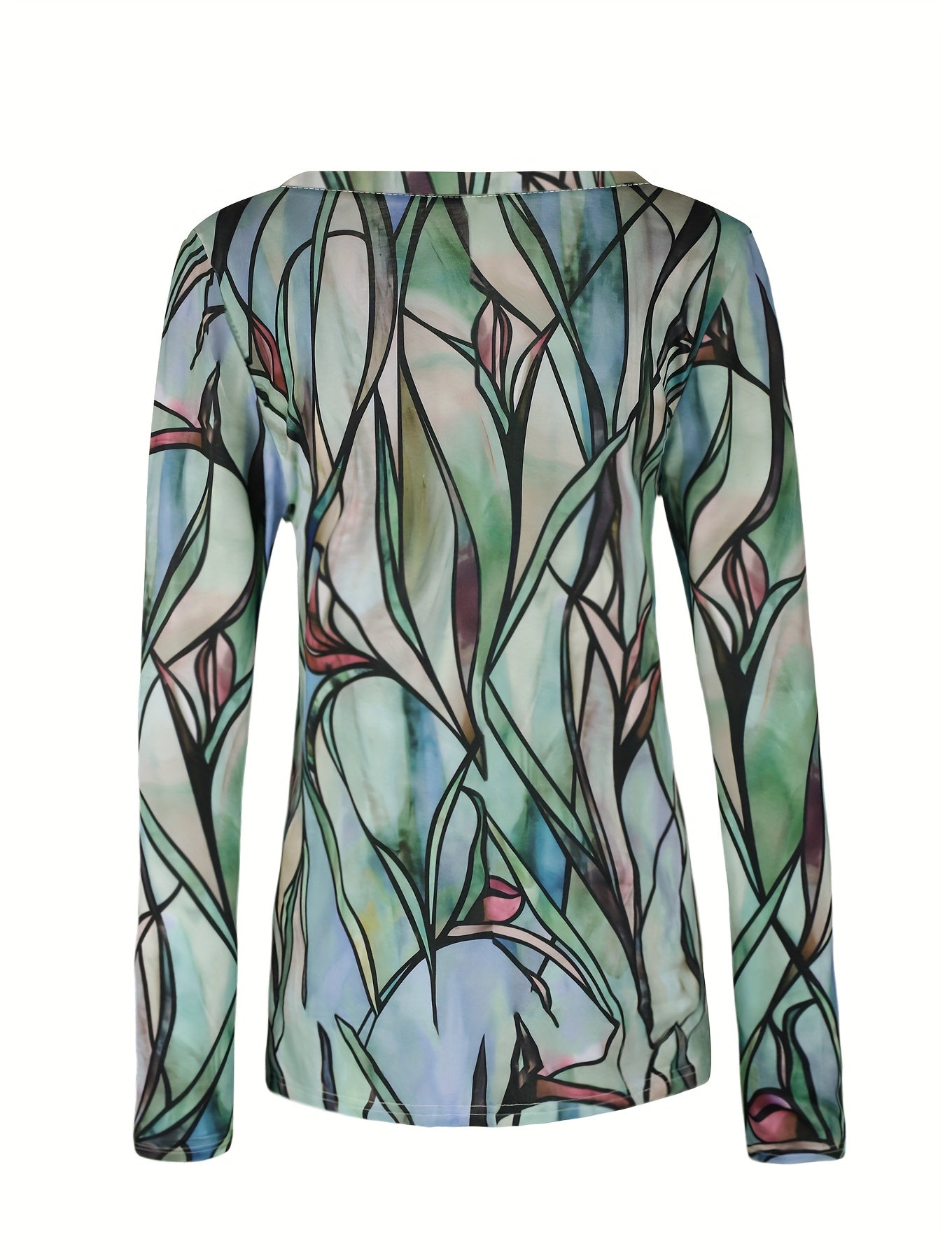 [Flower Printed T-Shirt] Casual Flower Printed Round Neck T-Shirt, Women's Long Sleeve Spring And Autumn