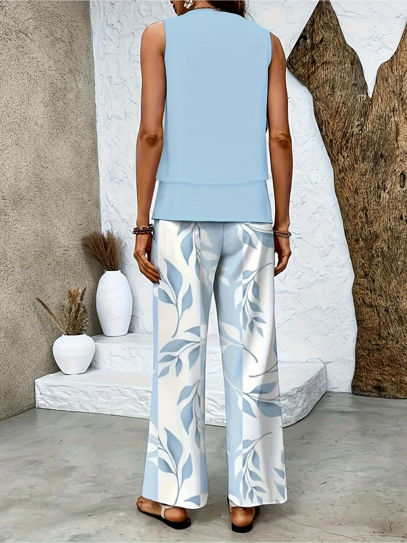 Textured plant stripe printed square neck double-layer sleeveless vest straight-leg pants casual and comfortable vest set