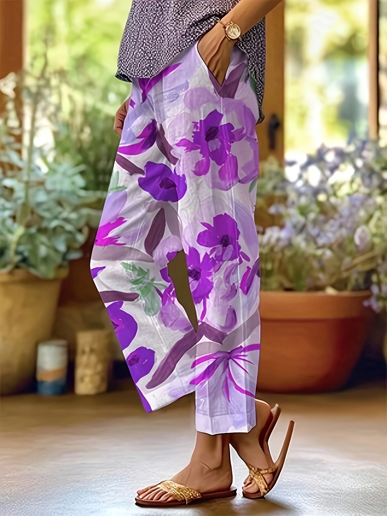 Women's Elegant Floral Print Straight-Leg Casual Pants with Pockets - Machine Washable Non-Stretch Fabric, All-Season Versatile Trousers for Casual Attire & Leisure Activities, Relaxed Activity Trousers, No Stretch Fabric