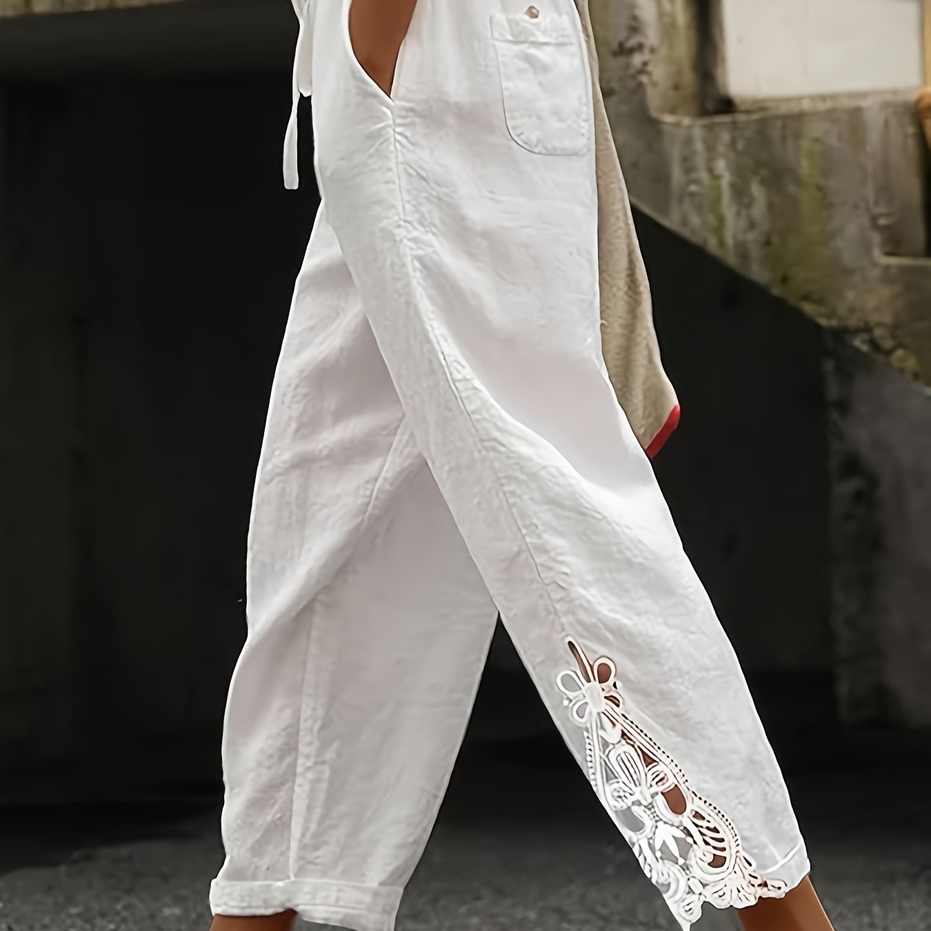 Women'S Casual Fashion Trousers - With Pockets, Waist Drawstring Design, Lace Stitching Design On The Trouser Legs, Suitable For Daily Commuting, Casual Outings, Vacation Travel, Spring, Summer And Autumn Trousers
