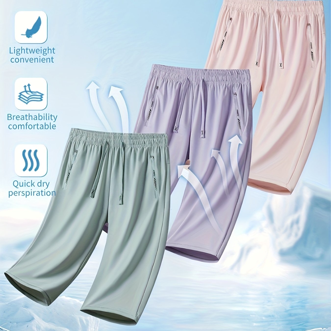 Three Pairs Of Summer Women's Shorts, Women's Solid Color 3/4 Pants, Elastic Drawstring At The Waist, Diagonal Zipper Pocket, Nylon And Spandex Medium-elastic Fabric Pants, Ice Silky Quick-drying Sports Pants, Women's Pants