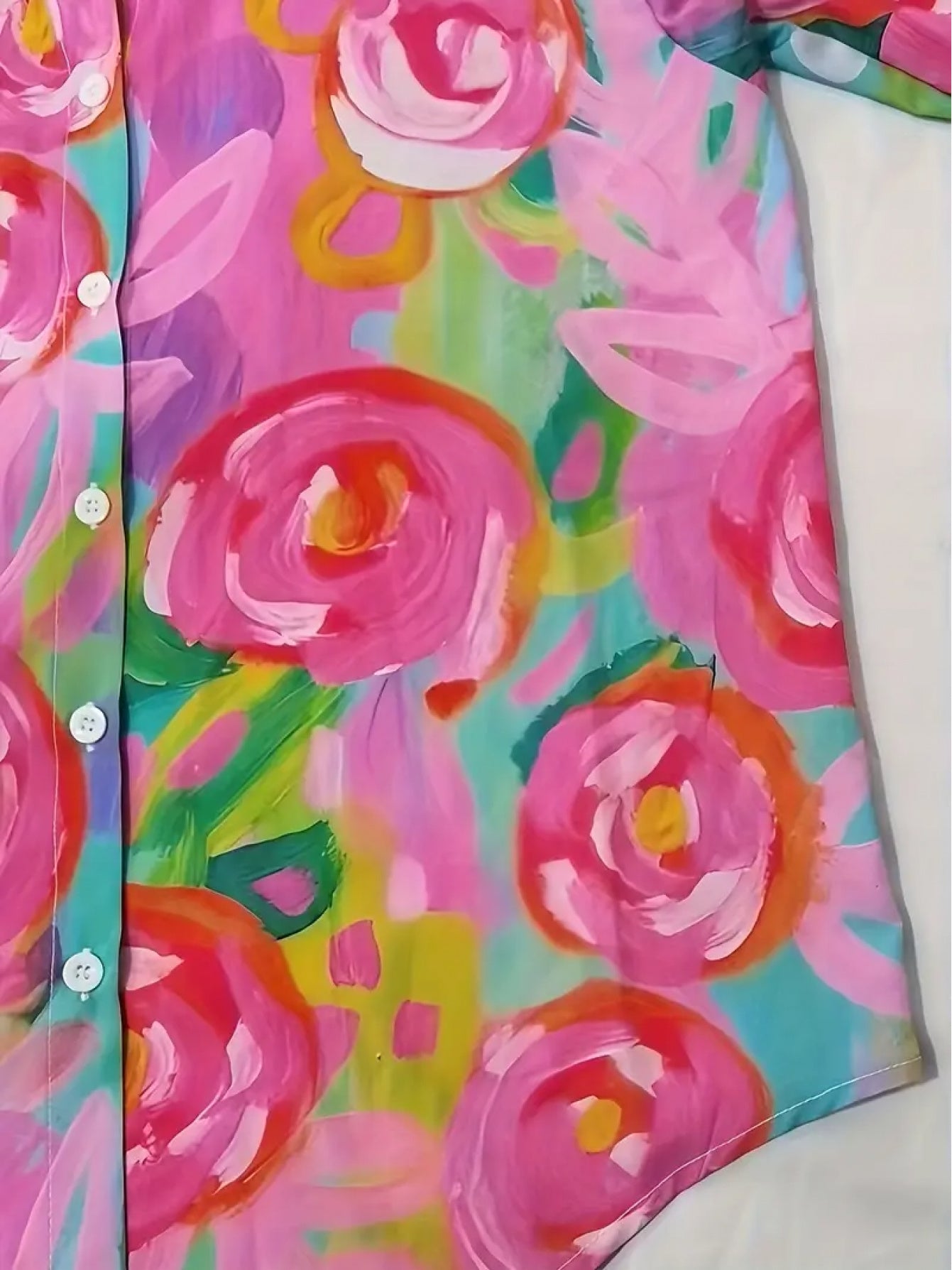 Women'S Lightweight Floral Print Button-Up Shirt - Long Sleeve Collared Blouse with Vibrant Pink, Blue, Yellow & Green Floral Pattern, Elegant Single-Breasted Design for Spring/Summer, Versatile Casual to Formal Wear, Floral