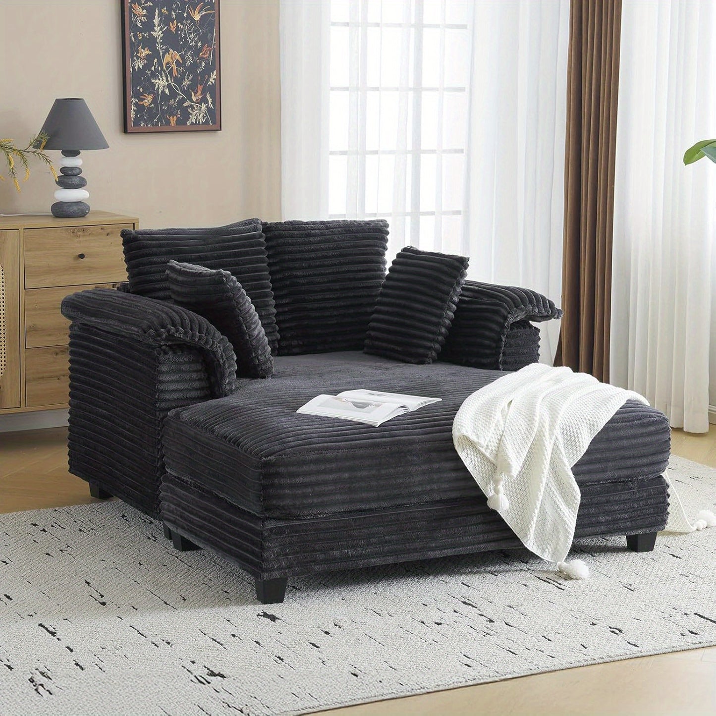 LEADZM Lounge Sofa, 56" Oversized Reading Sofa Corduroy Chaise Sofa Recliner Bed Upholstered Comfy Sleeper Couch with Throw Pillows And Armrests for Living Room, Movie Room, Bedroom