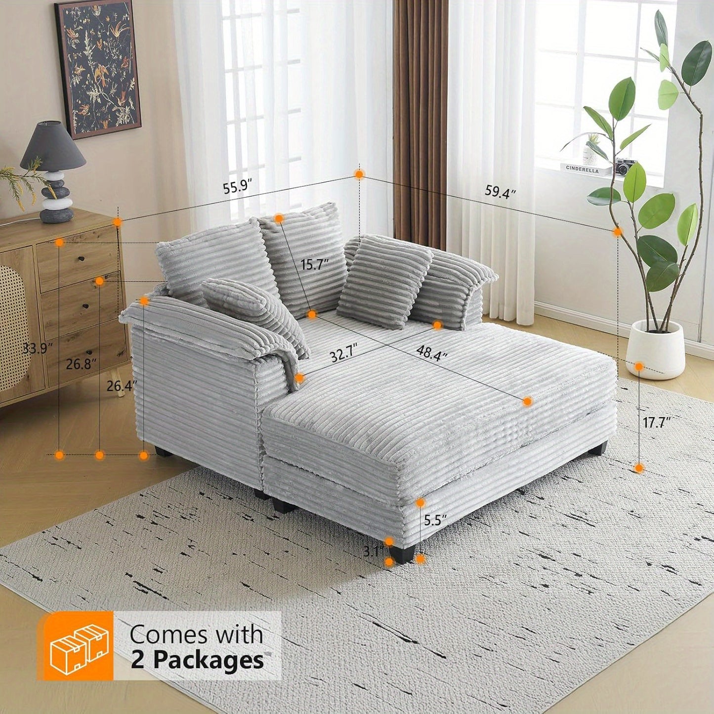 LEADZM Lounge Sofa, 56" Oversized Reading Sofa Corduroy Chaise Sofa Recliner Bed Upholstered Comfy Sleeper Couch with Throw Pillows And Armrests for Living Room, Movie Room, Bedroom
