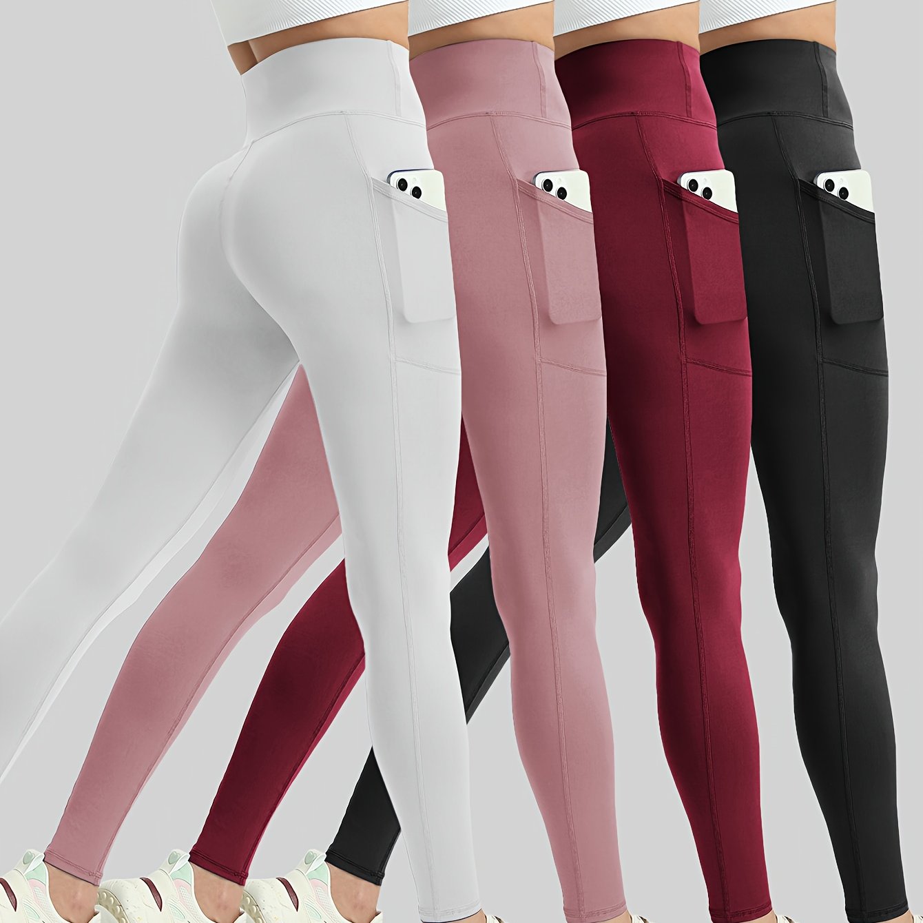 4pcs Women'S Plus Size High Waist Tummy Control Yoga Leggings with Pockets - Stretchy, Non-See-Through Workout Pants in White, Pink, Maroon, Black - Perfect for Gym, Fitness & Casual Wear, Yoga Pants