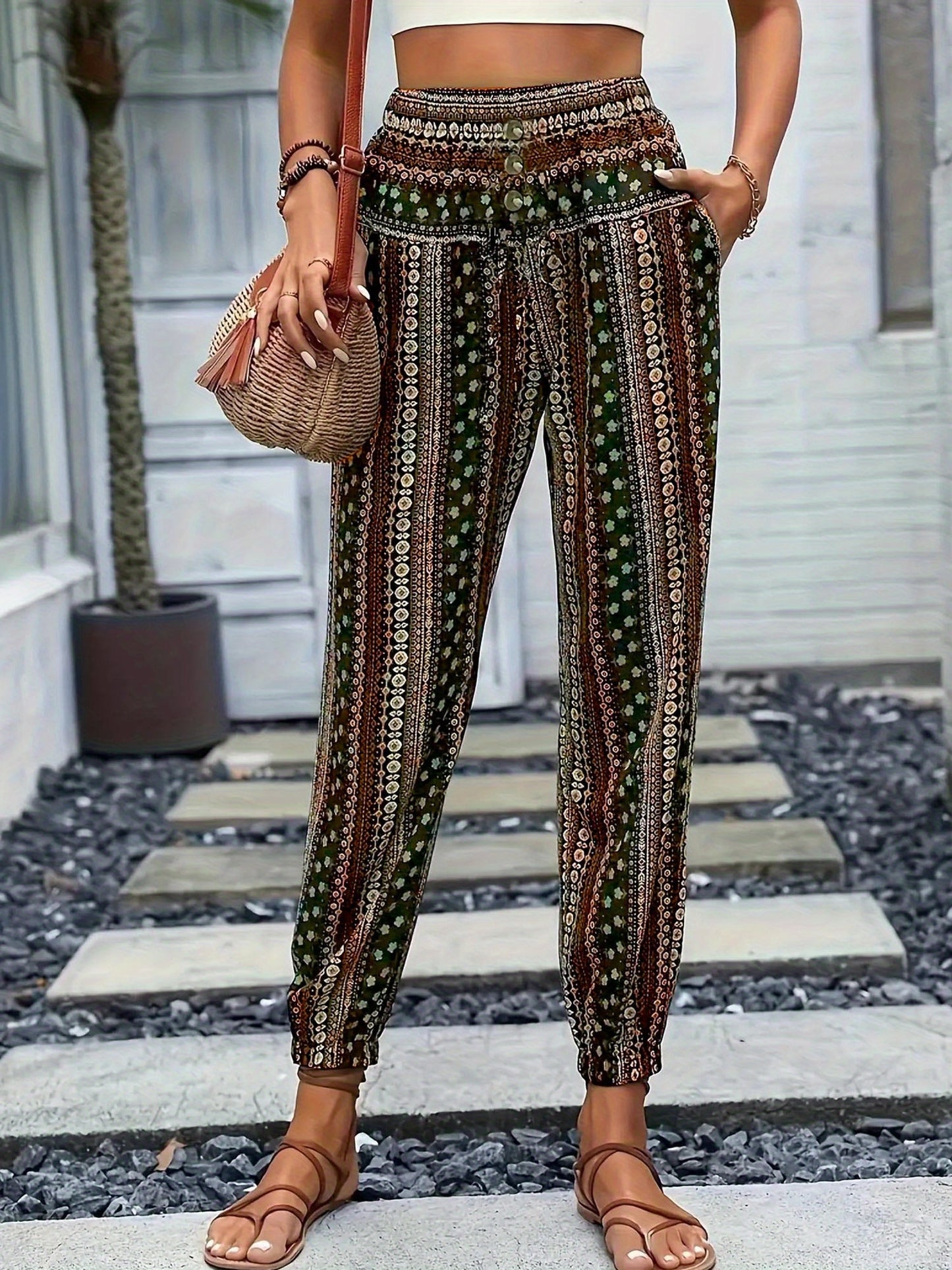 Women's Loose Fit Linen-Textured Polyester Harem Pants - Casual Summer Tapered Ankle Trousers with Pockets, Elastic Waist & Button Closure, Random Print for Outdoor