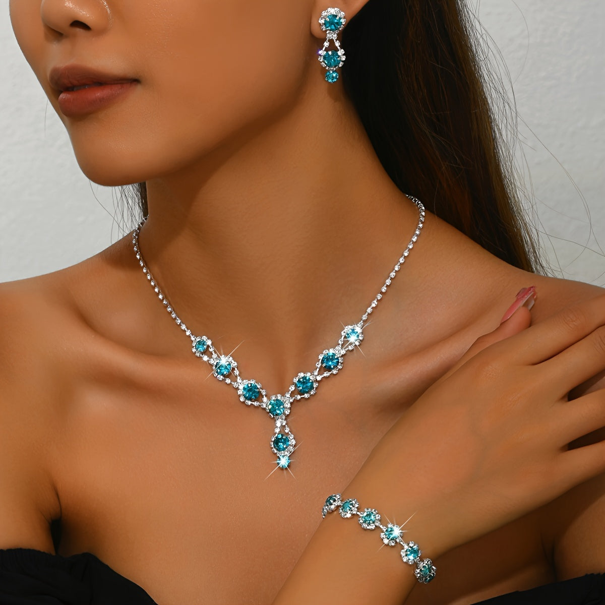 Light Luxury Bridal Set: 1 Bracelet + 1 Necklace + 1 Pair of Earrings, Shiny Rhinestone Wedding Jewelry for Elegant and Stylish Ballroom Parties
