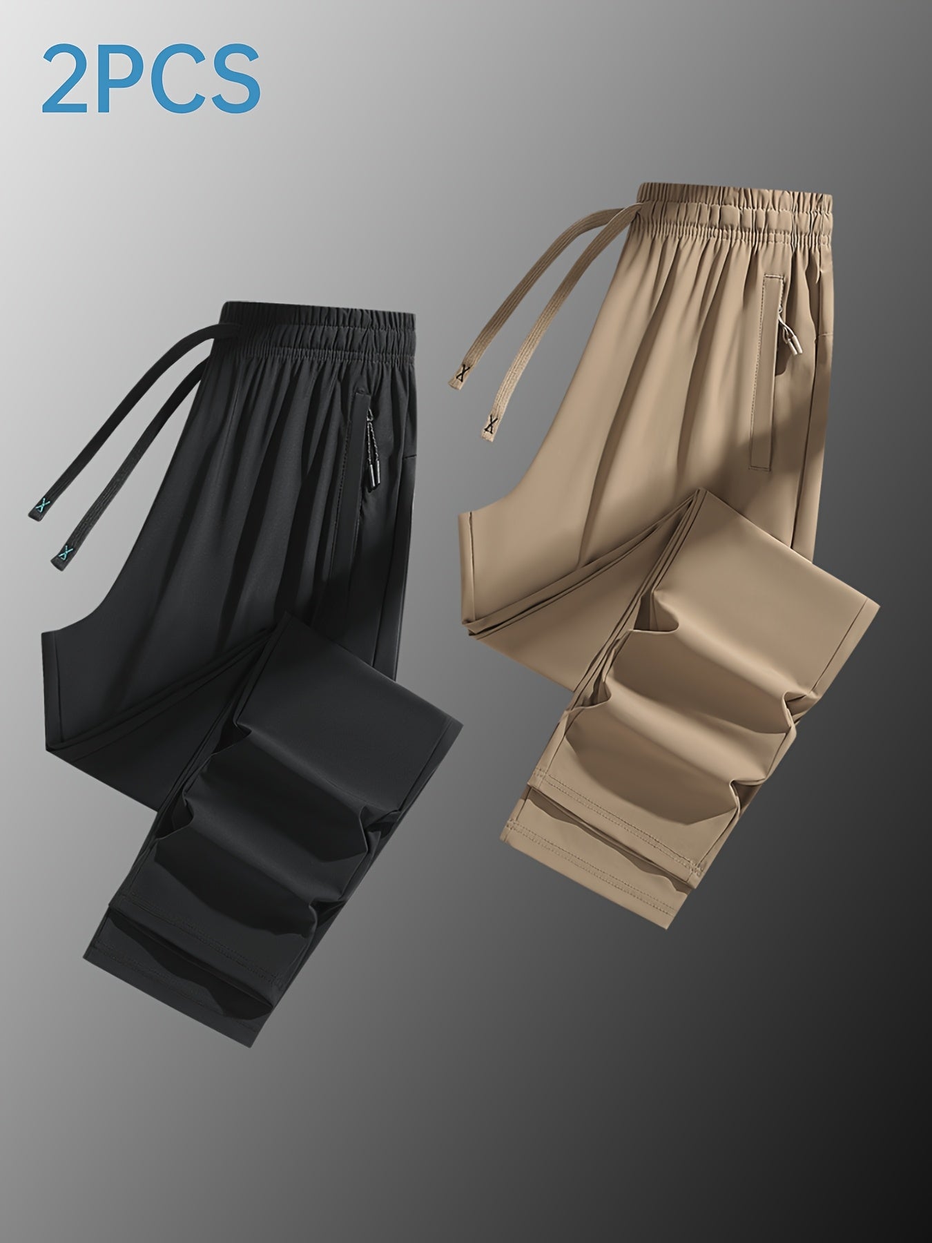 Two Pairs Of Summer Women's Long Pants, Solid-color Pants for Women, Elastic Drawstrings At The Waist, Hidden Zipper Pockets, Straight-leg Pants with Nylon And Spandex Medium-elastic Fabric, Ice Silky Quick-drying Pants, Wome