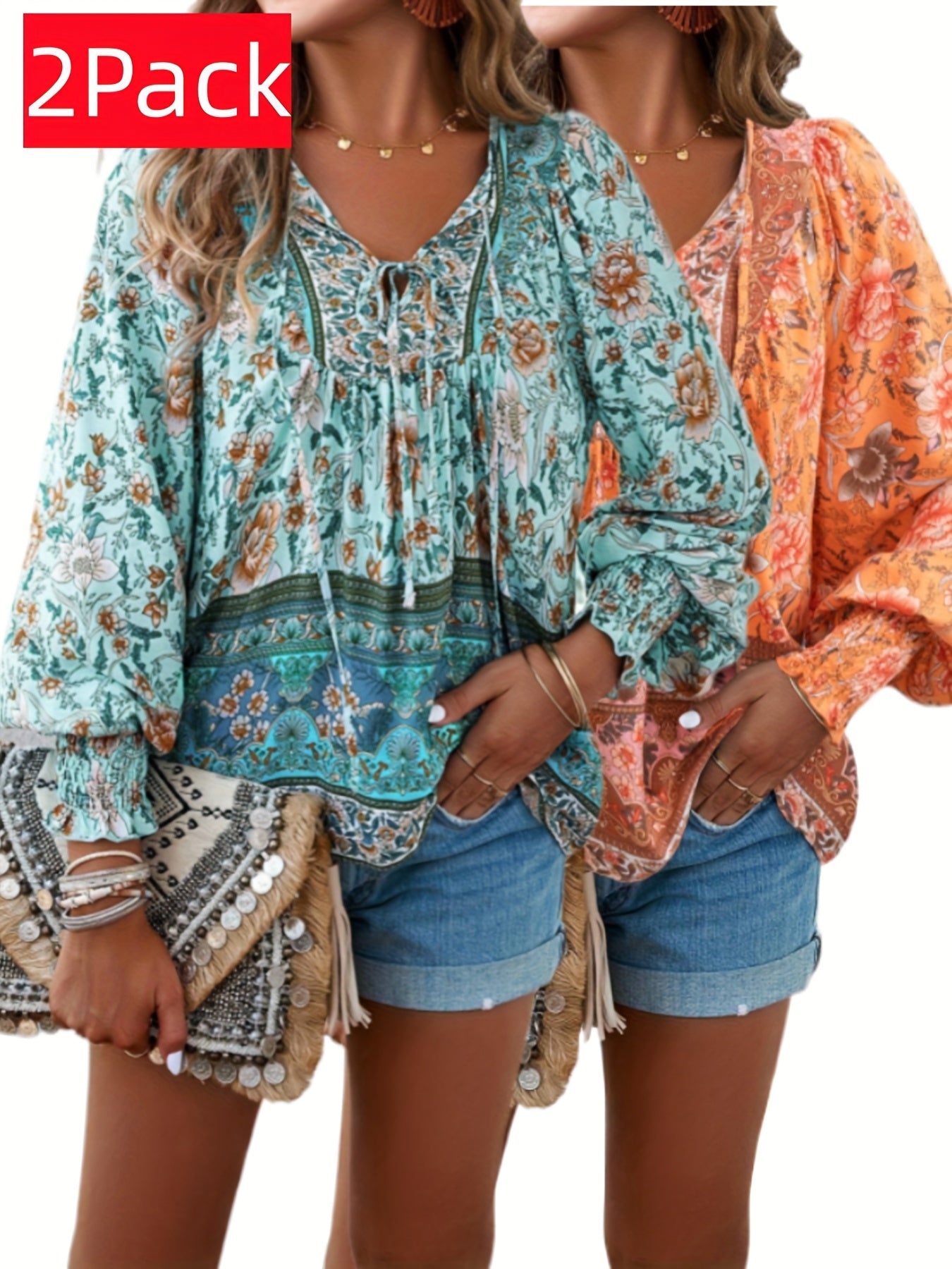 Plus Size - ZAFUL Summer Loose Plus Size Women'S Apparel, Stylish Resort Bohemian Floral Print Top Set, Lightweight Fashion V-Neck Printed Lantern Sleeve Tassel Plus Size Shirt*2