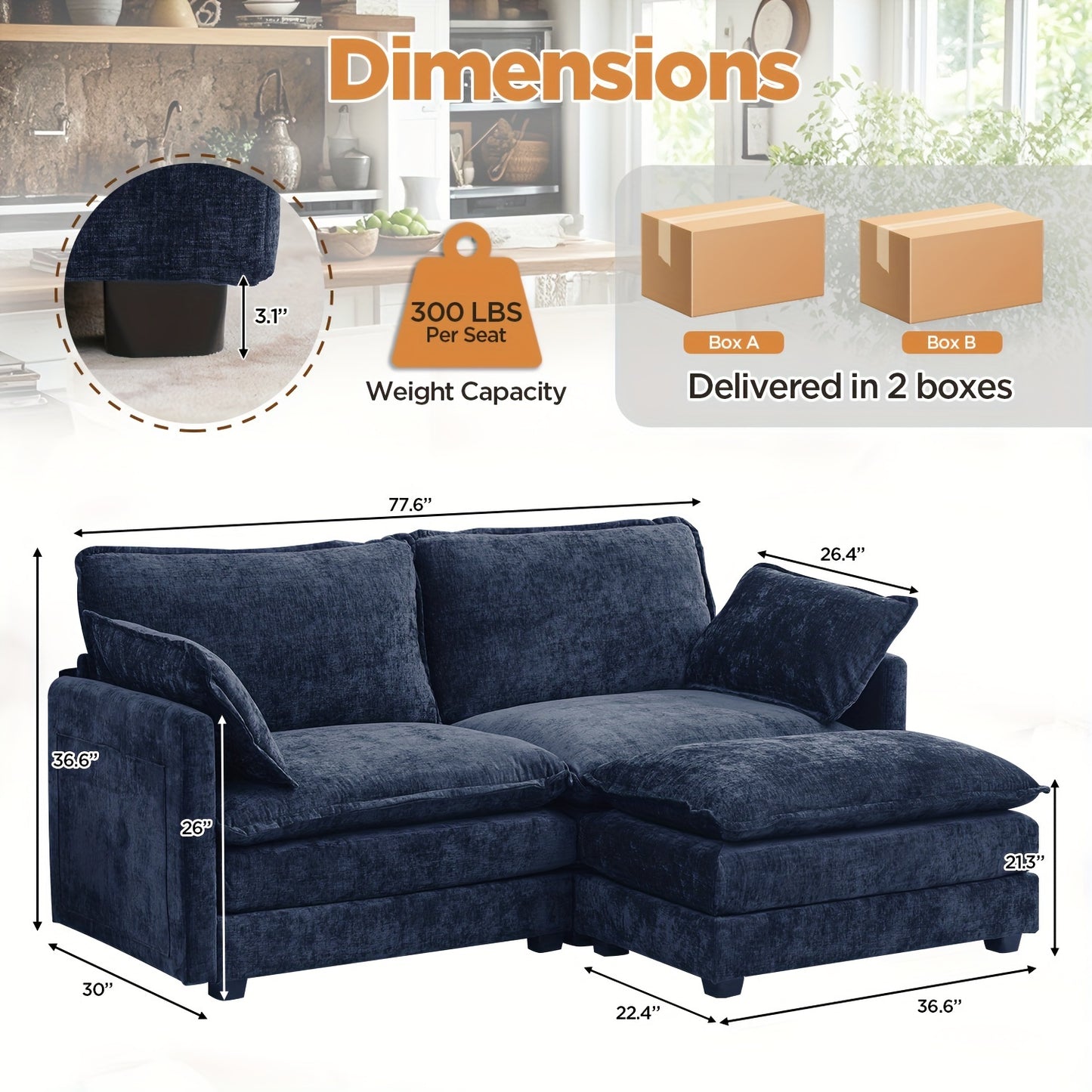Royal Blue Chenille Sectional Sofa - 2-Seater Deep Seat Couch with Ottoman, Contemporary Hardwood Frame, Plush Upholstery for Living Room or Home Office, Couch for Living Room