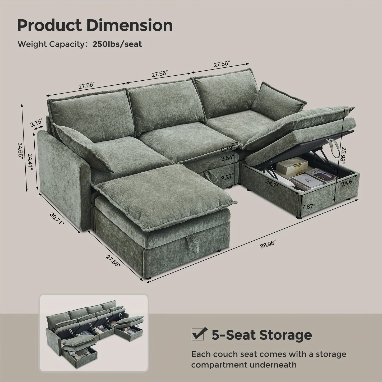 Modern Cloud Sectional Sofa, U-Shape 3 Seater Modular Sofa with Ottoman, Chenille Sofa with Deep Seat & Pillow for Living Room, Bedroom