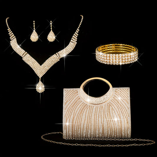 4pcs Set: Shiny Striped Ladies' Dinner Bag, Wedding Bridesmaid Bag, Evening Bag, Dress Bag, Shoulder Bag, Wedding Season Sparkling Necklace, Earrings, Bracelet Set - New Fashionable