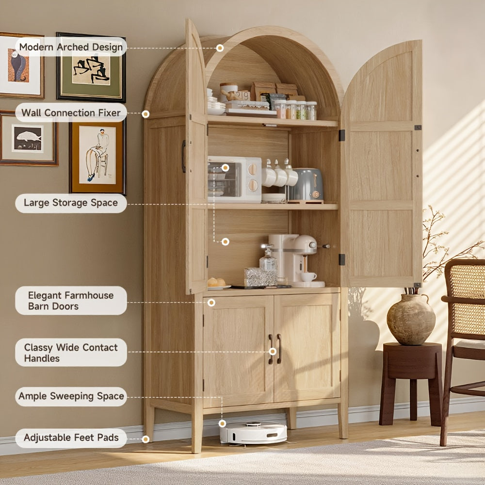 71 Inch Tall Arched Cabinet, 5 Tier Arched Kitchen Pantry Cabinet with Doors And Shelves, Modern Farmhouse Kitchen Storage Cabinet with Adjustable Feet for Living Room And Dining Room, Oak