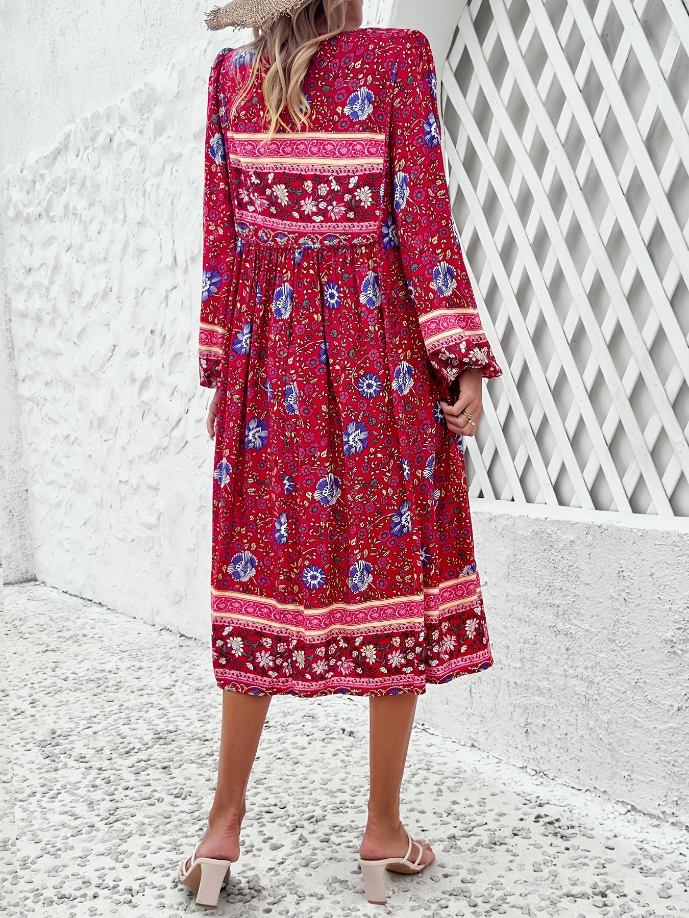 ZAFUL Women's Casual Loose Bohemian Tassel Print Long Sleeve Dress