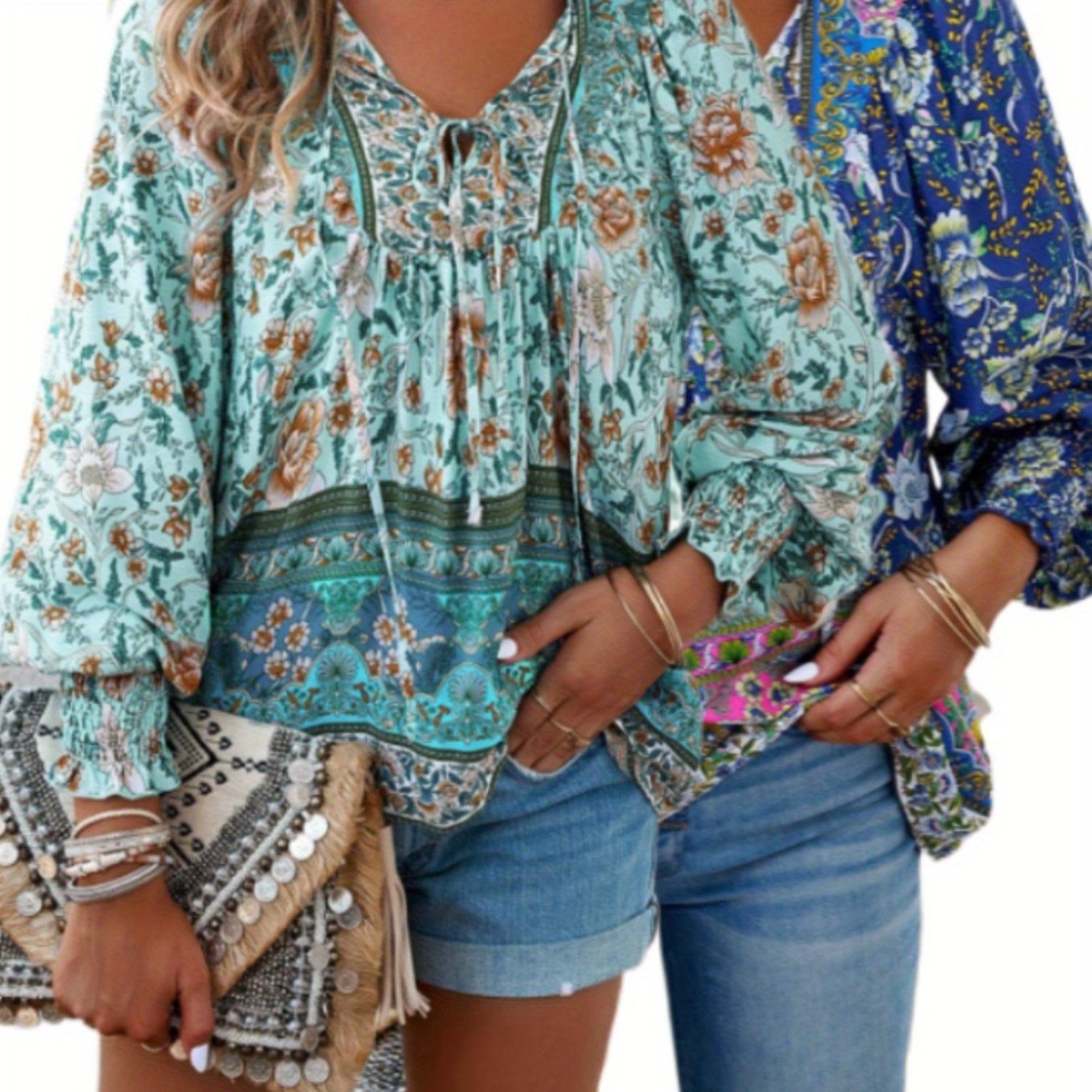 Plus Size - ZAFUL Summer Loose Plus Size Women'S Apparel, Stylish Resort Bohemian Floral Print Top Set, Lightweight Fashion V-Neck Printed Lantern Sleeve Tassel Plus Size Shirt*2