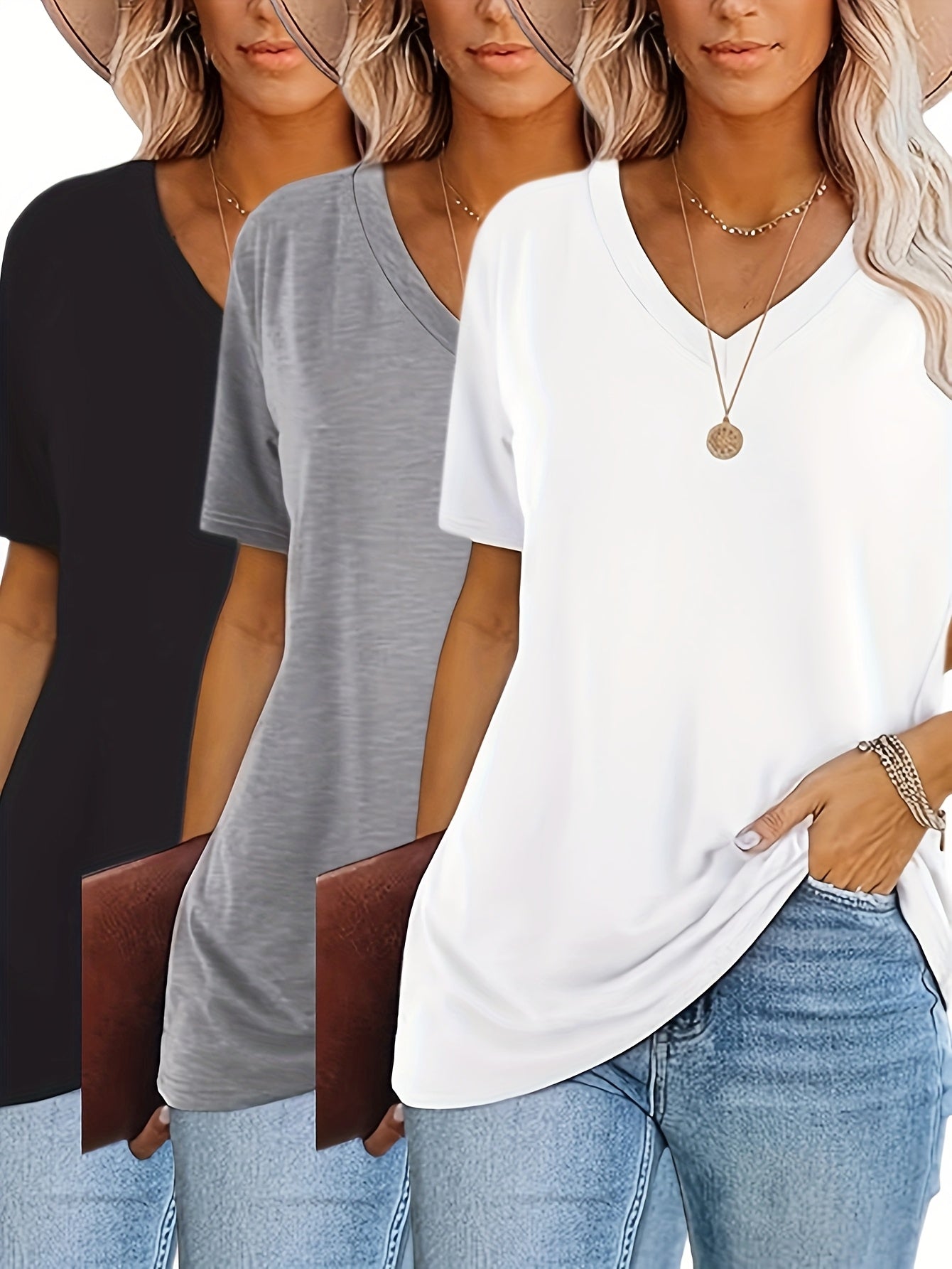 2025 European and American Fashion Casual Loose Print V-Neck T-Shirt Three-Piece Set
