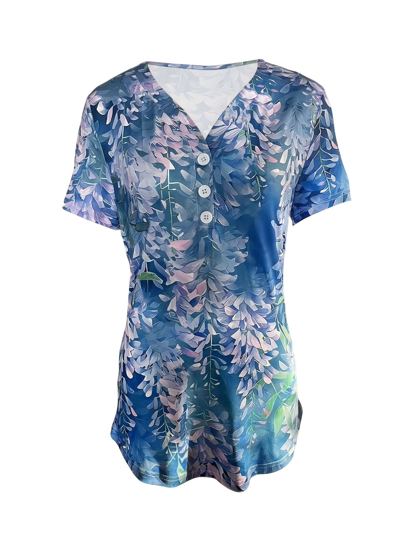 Women's Elegant Floral Print Summer V-Neck Short Sleeve Top - Lightweight Semi-Sheer Casual Shirt with Blue Purple Floral Pattern, Moderate Stretch & Machine Washable for Beach Outings & Casual Gatherings, Beach Clothes, Warm