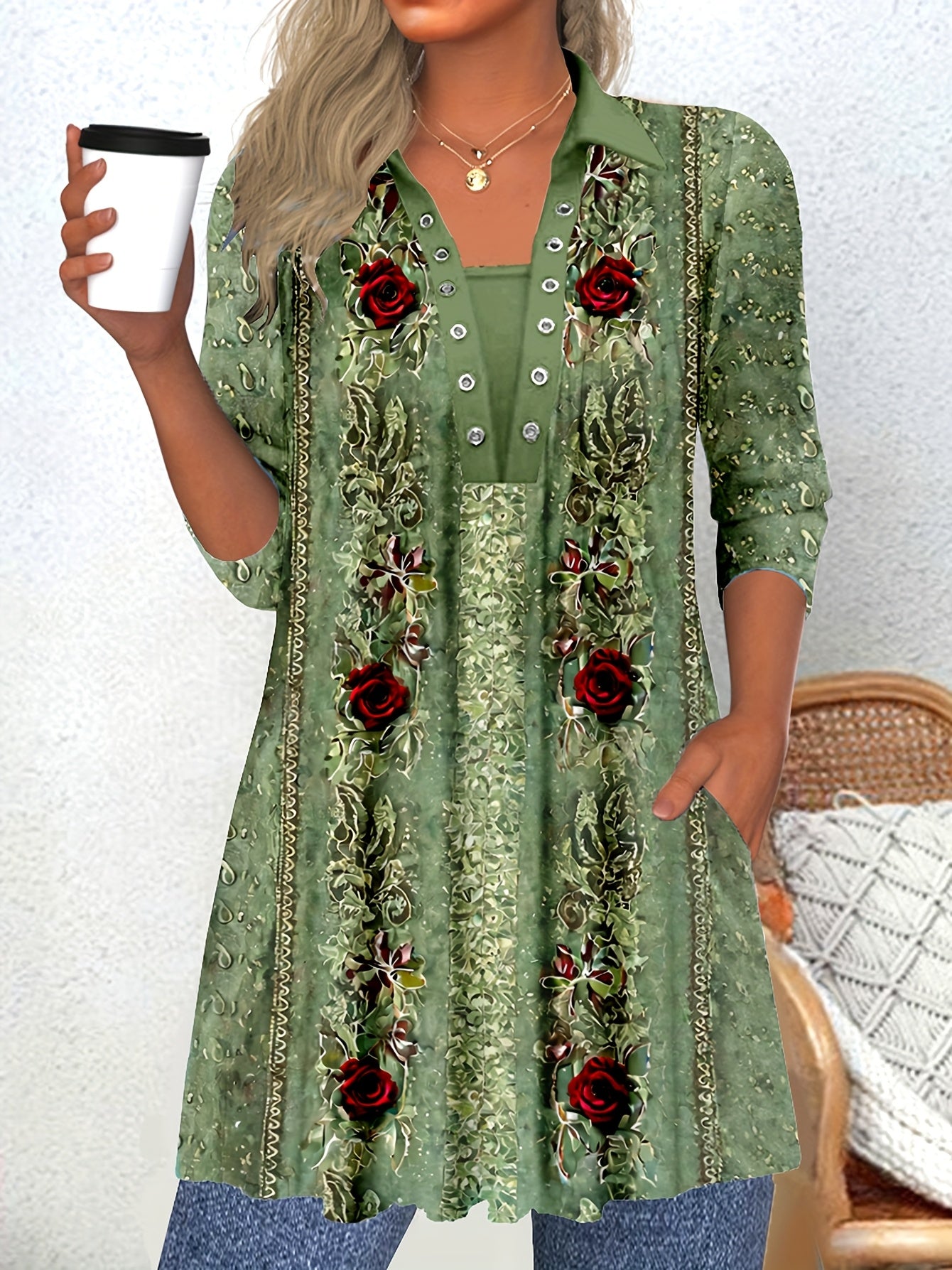 Women'S Long Sleeve Scoop Neck Graphic Floral Printed Pockets Tops