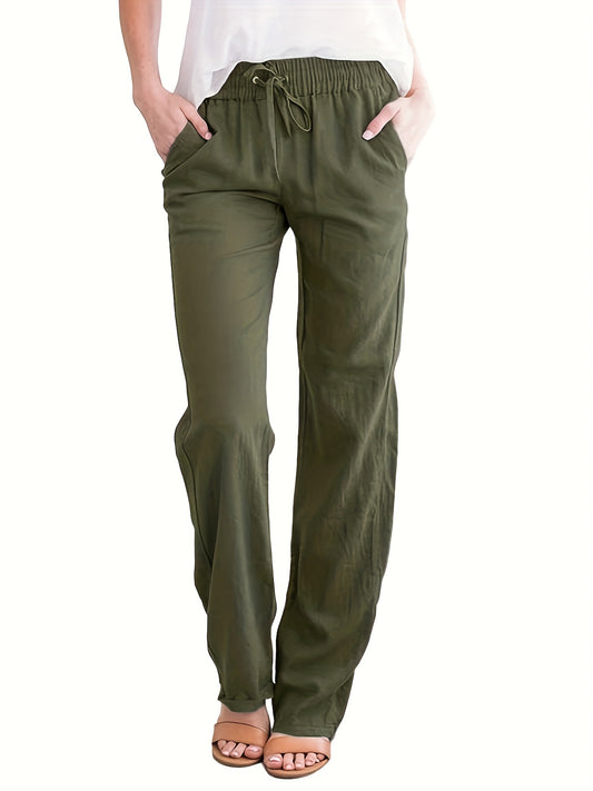 Women's Casual Solid Color Trousers with Pockets & Adjustable Drawstring Waist - Loose Fit Lightweight Pants for Spring Summer Fall, Machine Washable for Daily Commuting & Casual Outings, Flexible Clothing, Stylish Simplicity