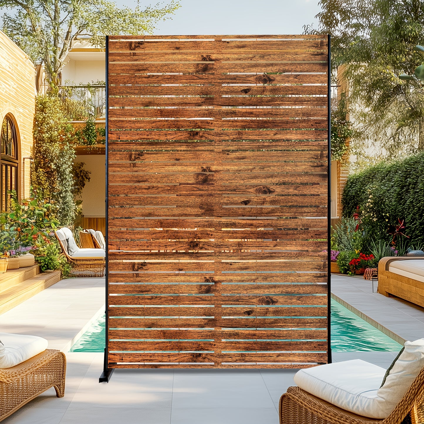 Natural Wood-Look Metal Privacy Screen, 4ft x 6ft - Freestanding Outdoor Fence with Bracket for Patio, Balcony, Backyard & Garden, Decorative Privacy Screen Panel, Metal Outdoor, 4ft W X 6ft H