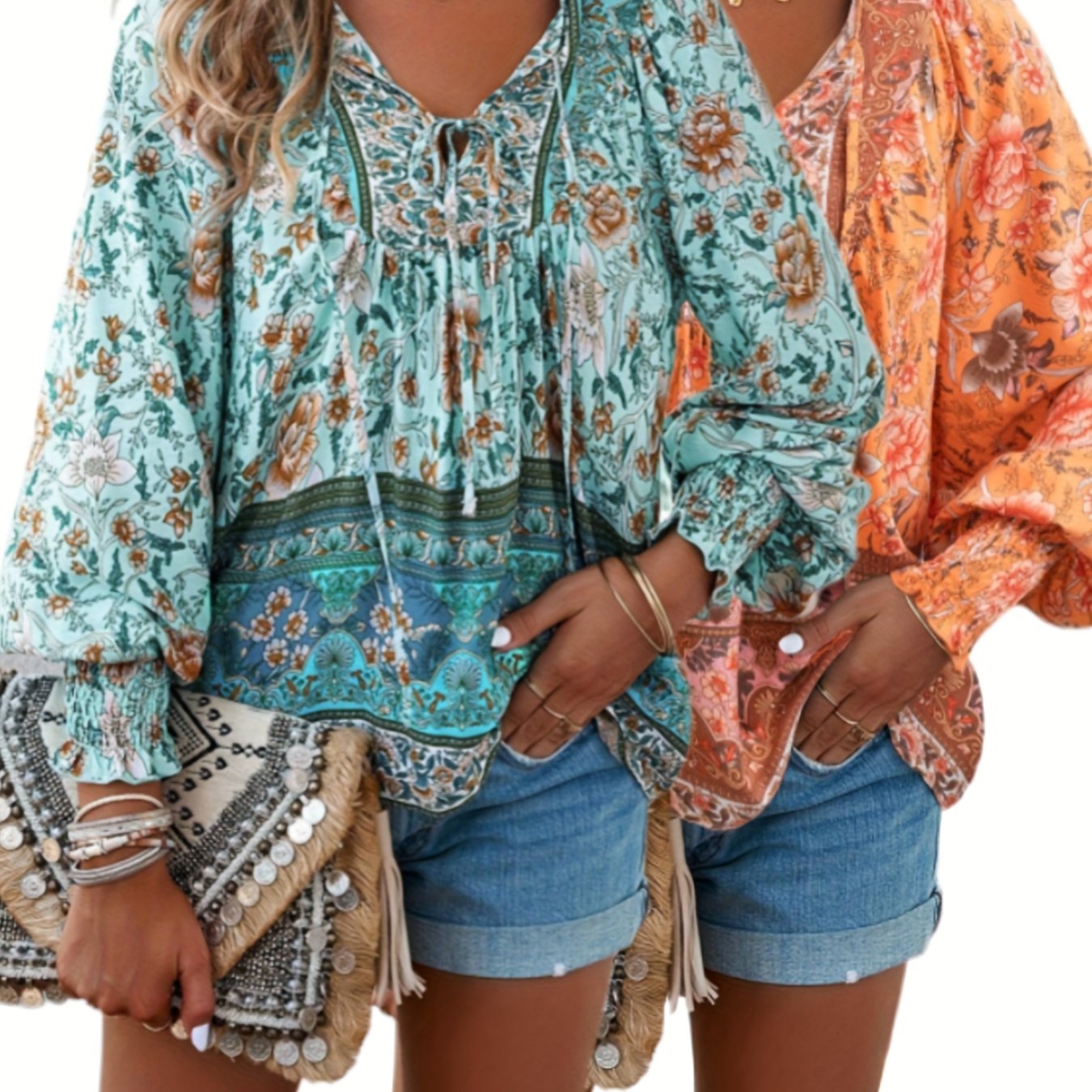Plus Size - ZAFUL Summer Loose Plus Size Women'S Apparel, Stylish Resort Bohemian Floral Print Top Set, Lightweight Fashion V-Neck Printed Lantern Sleeve Tassel Plus Size Shirt*2