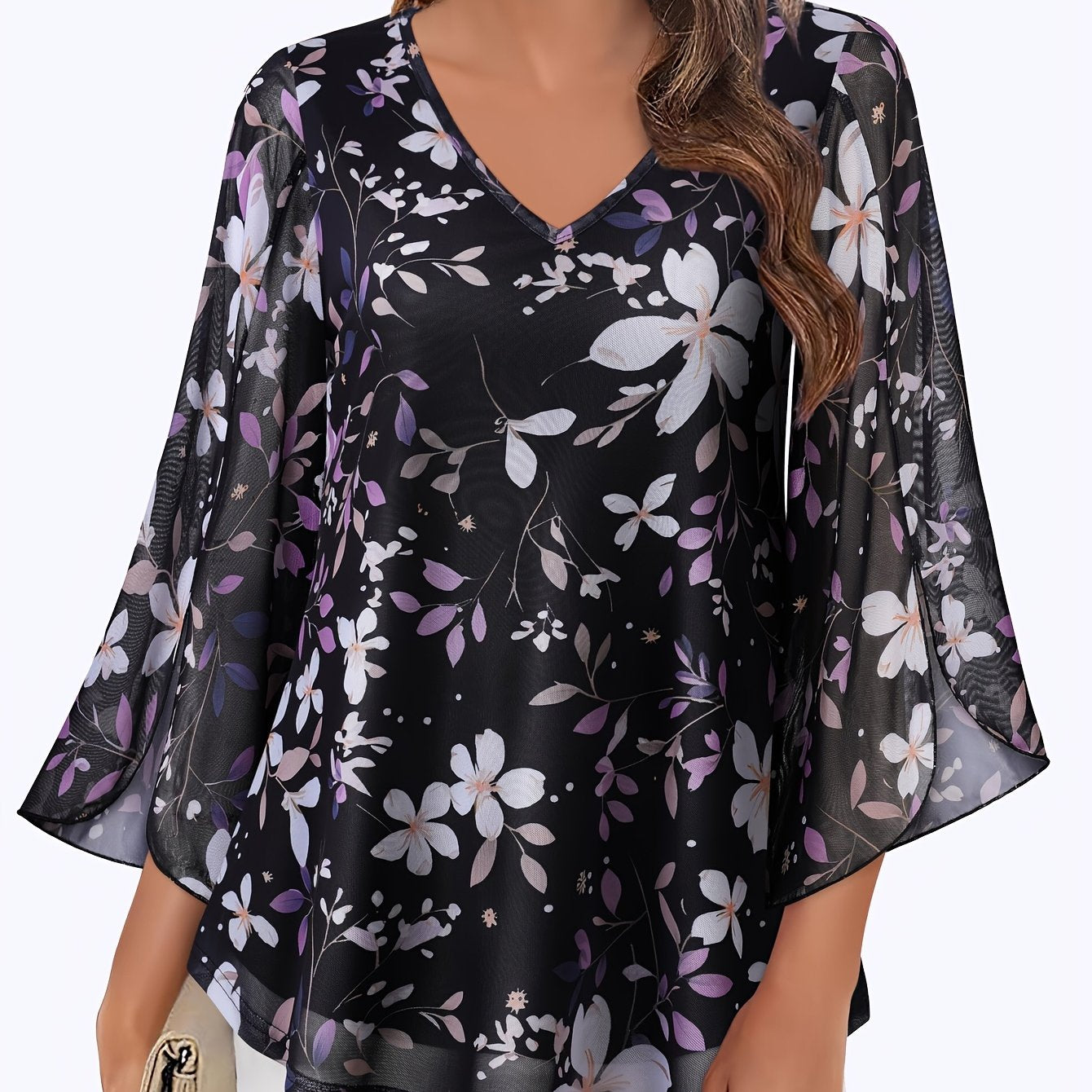 [Floral Blouse] Floral Print V-Neck Blouse | Women's Loose Fit Flowy Tunic Top with 3/4 Ruffle Sleeves & Double Layer Mesh Overlay - Semi-Sheer Lightweight Polyester-Spandex Blend for Spring/Summer Casual & Formal Outings