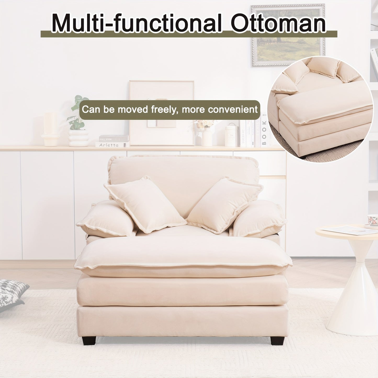 46.9 Inch Velvet Single Sofa with 2 Folding Pillows And An Ottoman, Comfort Sofa - Living Room Apartment Deep Seating Sofa, Upholstered Recliners