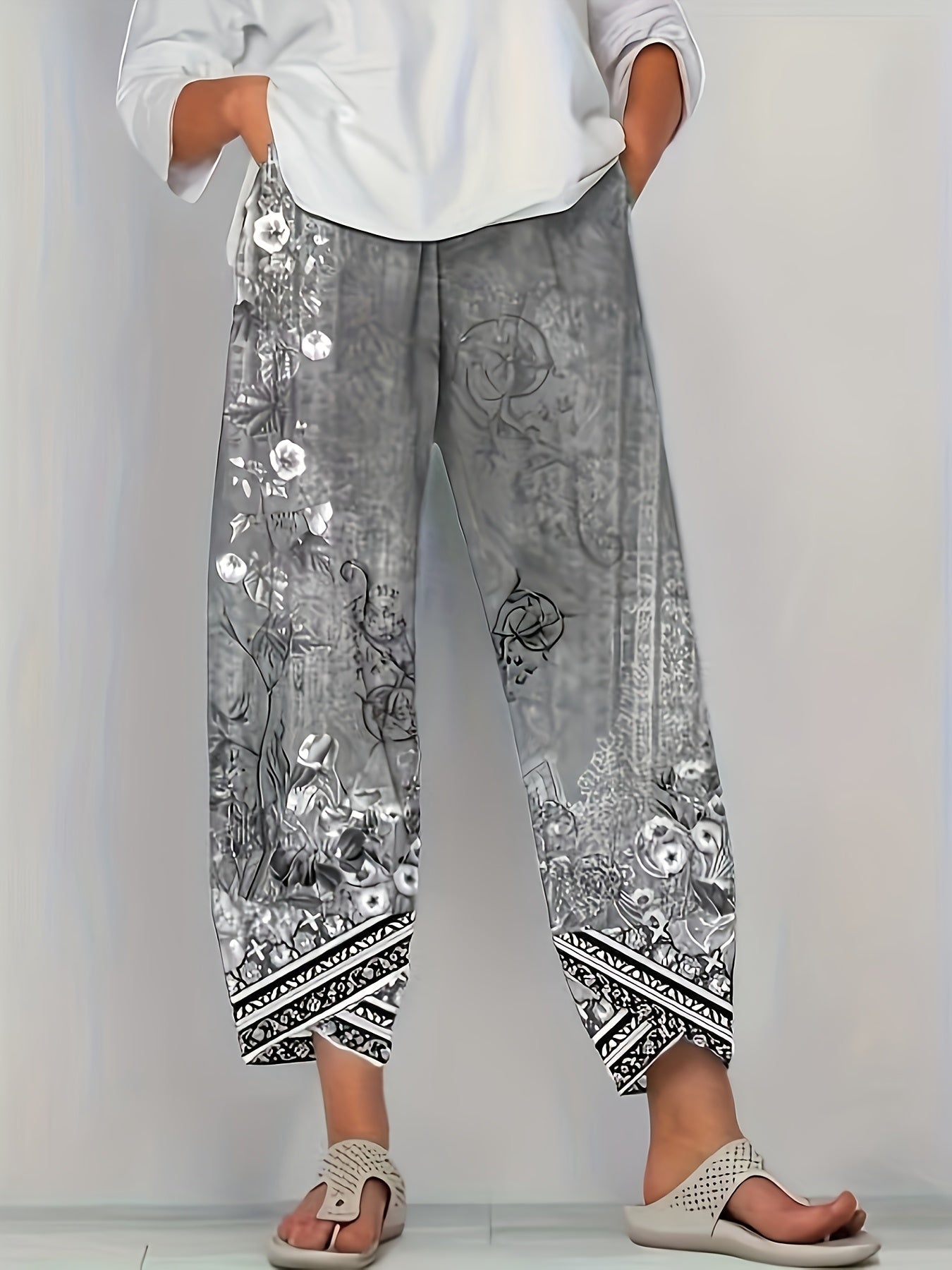 Women'S Retro Floral Capri Pants with Elastic Waistband & Pockets - Loose Fit Fabric, Beige with Black Floral Design, Perfect for Spring/Summer/Fall, Casual Wear Pants | Relaxed Fit Pants | Construction, Ladies Pants