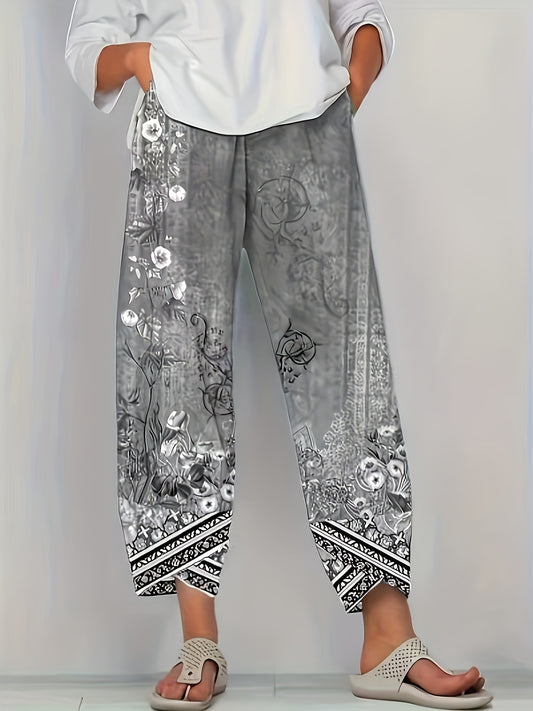 [Vintage Floral Capri Pants] Comfortable Chic Vintage Floral Capri Pants - Elastic Waist with Pockets, Polyester and Elastane Blend Knit Fabric