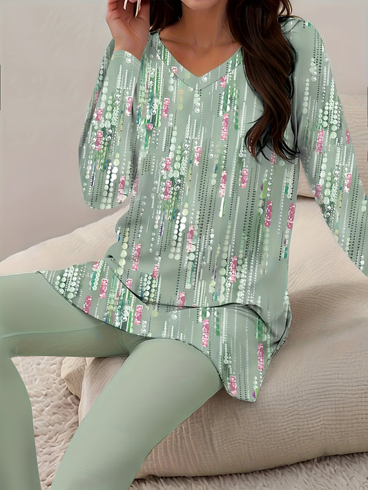 Gavin Targeted Development Of European And American Women's Clothing Hot-selling New Popular Flower Print V-neck Long-sleeved Trousers T-shirt Suit