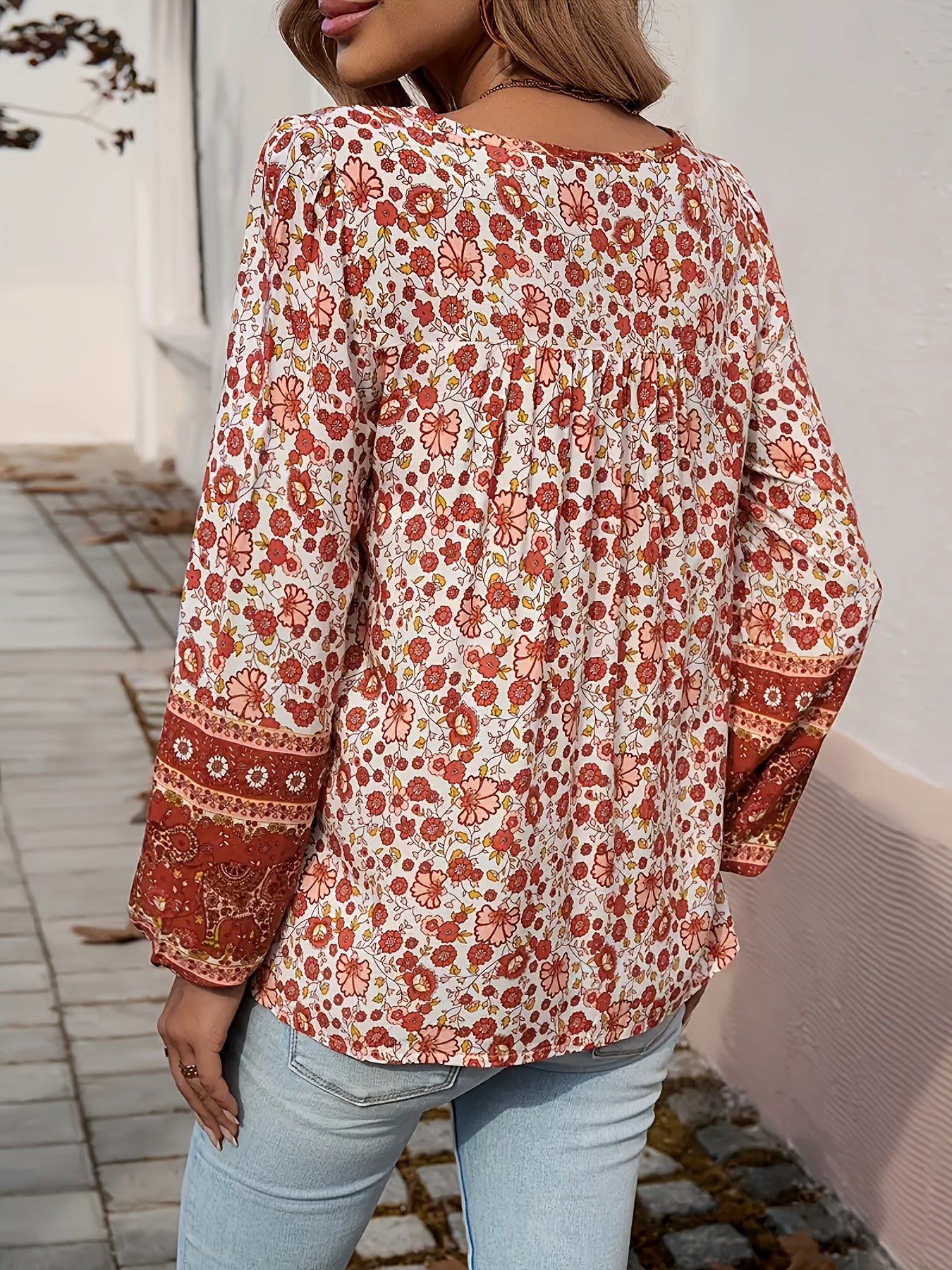 ZAFUL Bohemian Floral Print Shirt - Women'S Loose V-Neck Long Sleeve Blouse - Lightweight Beach Cover Up & Casual Summer Top