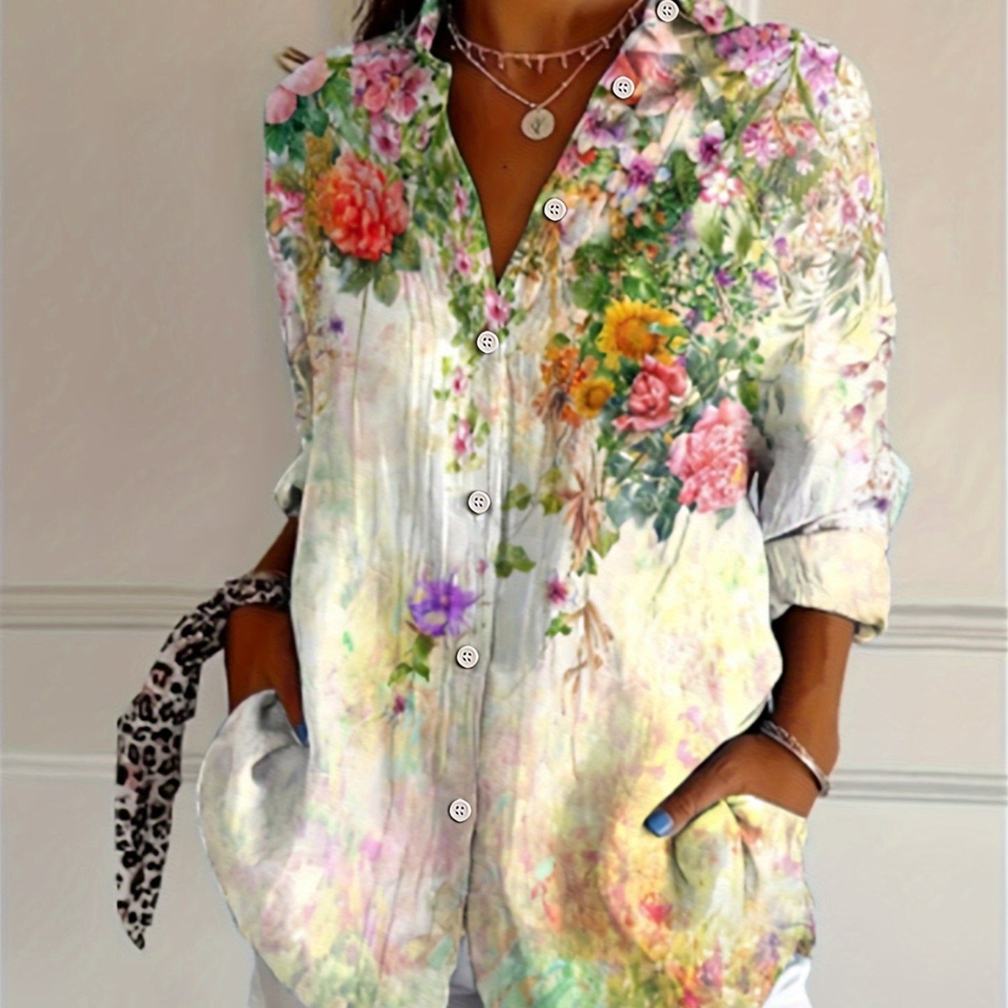 [Floral 3D Print Blouse] Vibrant Floral 3D Print Women's V-Neck Long Sleeve Blouse | Casual All-Season Geometric Pattern Shirt with Button Details, Rose and Hydrangea Design