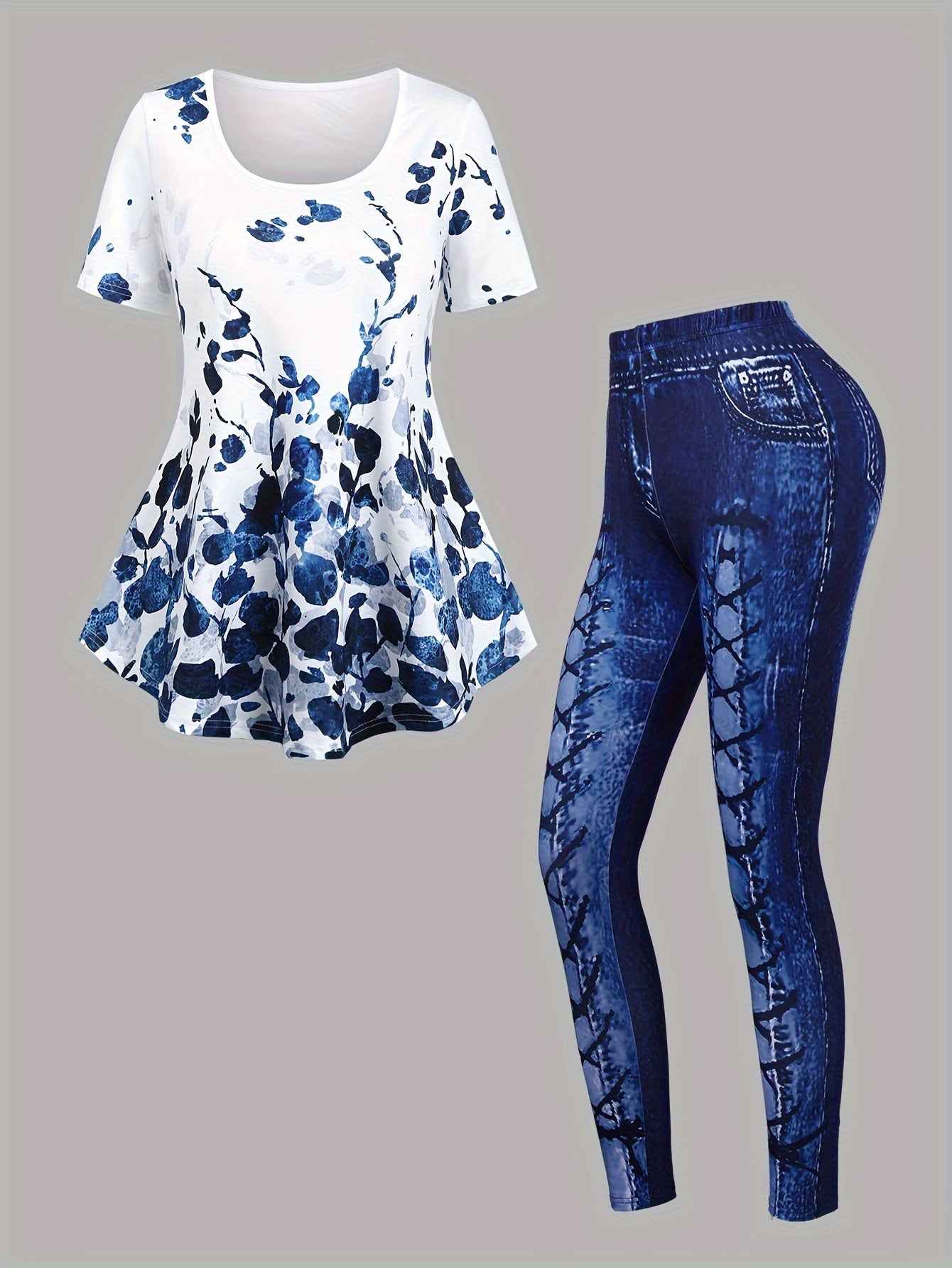 Casual Plant Print Two-piece Set, Short Sleeve Flare T-shirt & Allover Print Skinny Leggings Outfits, Women's Clothing