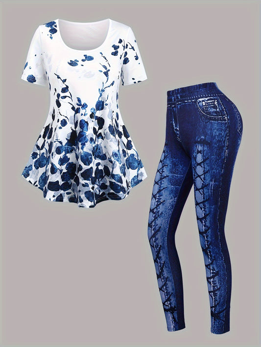 Casual Plant Print Two-piece Set, Short Sleeve Flare T-shirt & Allover Print Skinny Leggings Outfits, Women's Clothing