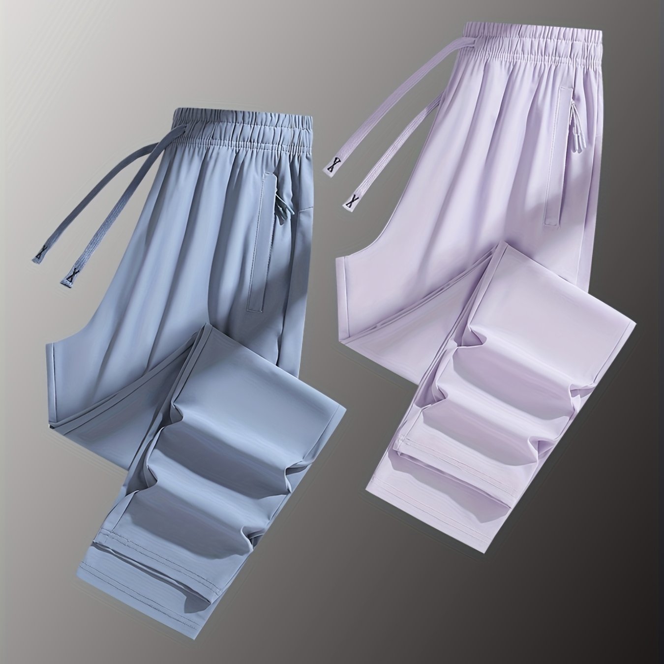 Two Pairs Of Summer Women's Long Pants, Solid-color Pants for Women, Elastic Drawstrings At The Waist, Hidden Zipper Pockets, Straight-leg Pants with Nylon And Spandex Medium-elastic Fabric, Ice Silky Quick-drying Pants, Wome