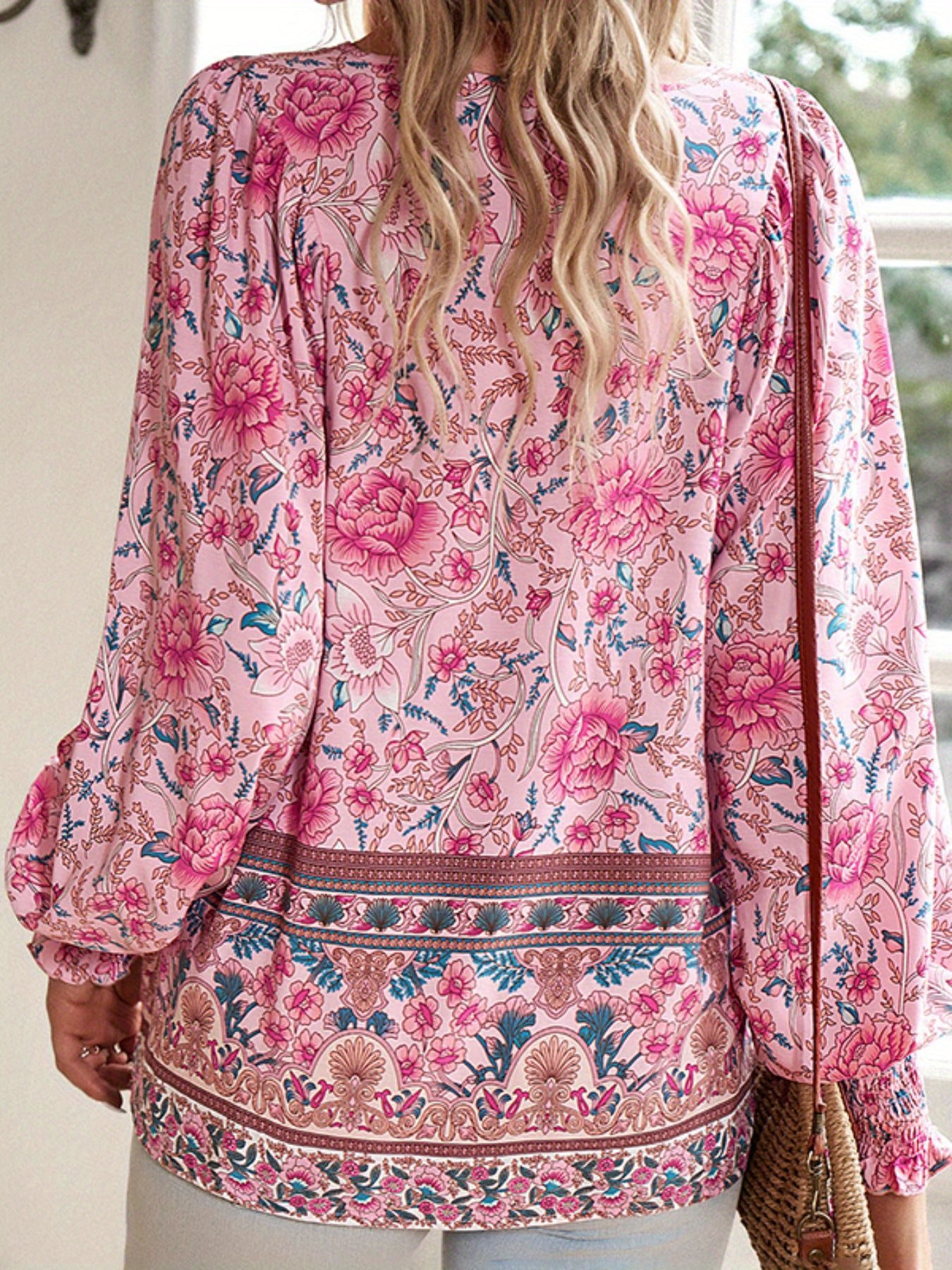 Women's Bohemian Blouse - Floral print long Sleeve top with Lace-Up Front, Adjustable Drawstring Waist, Semi-Sheer V-Neck Shirt in Pink/Blue/Purple/Red/White/, Machine Washable Boho Chic Outfit for Vacation, Festival, Everyda