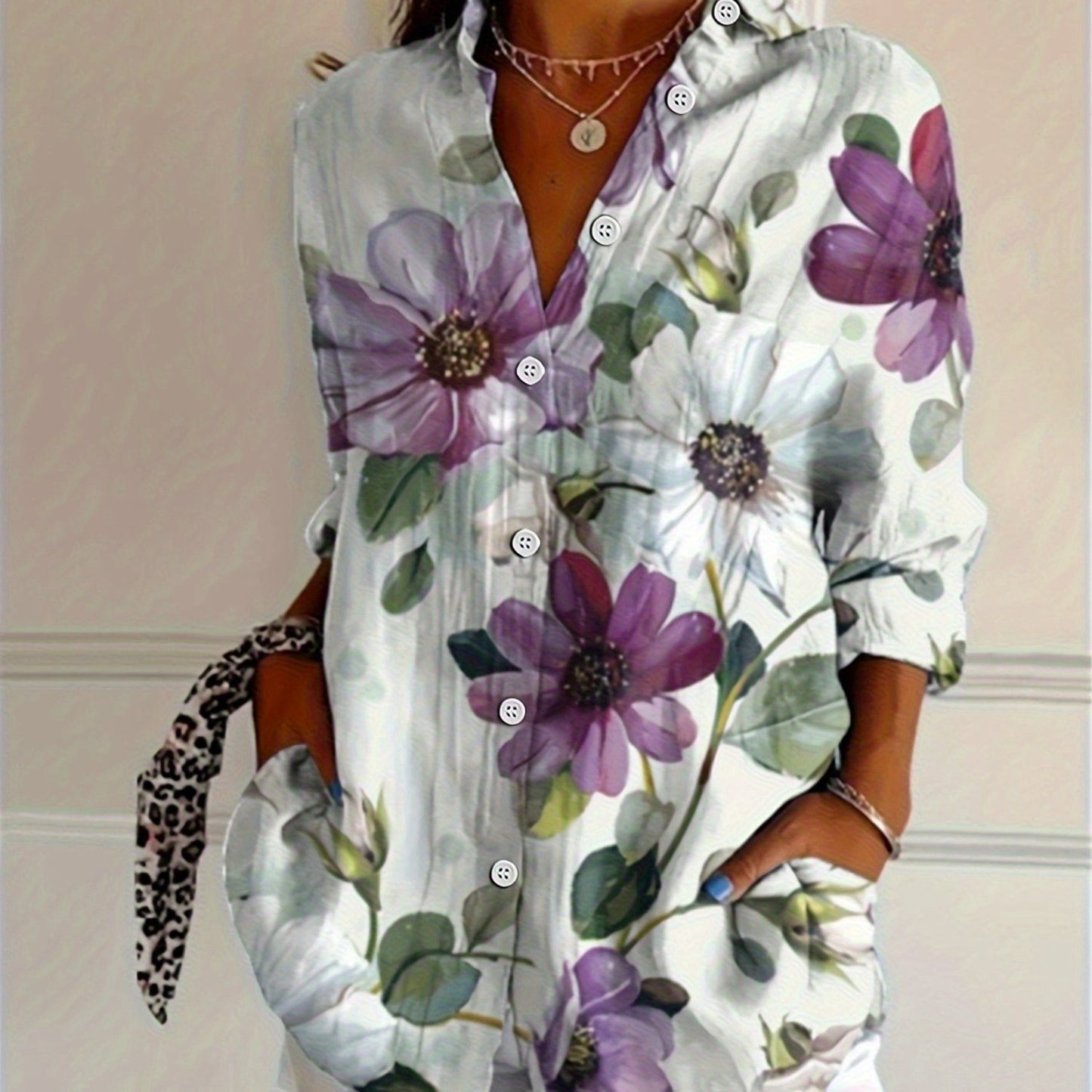 Women'S Casual V-Neck Long Sleeve Blouse with Daisy Print - Lightweight Polyester, Button-Up Shirt for Spring & Fall, Versatile for Casual Attire, Ladies Blouses
