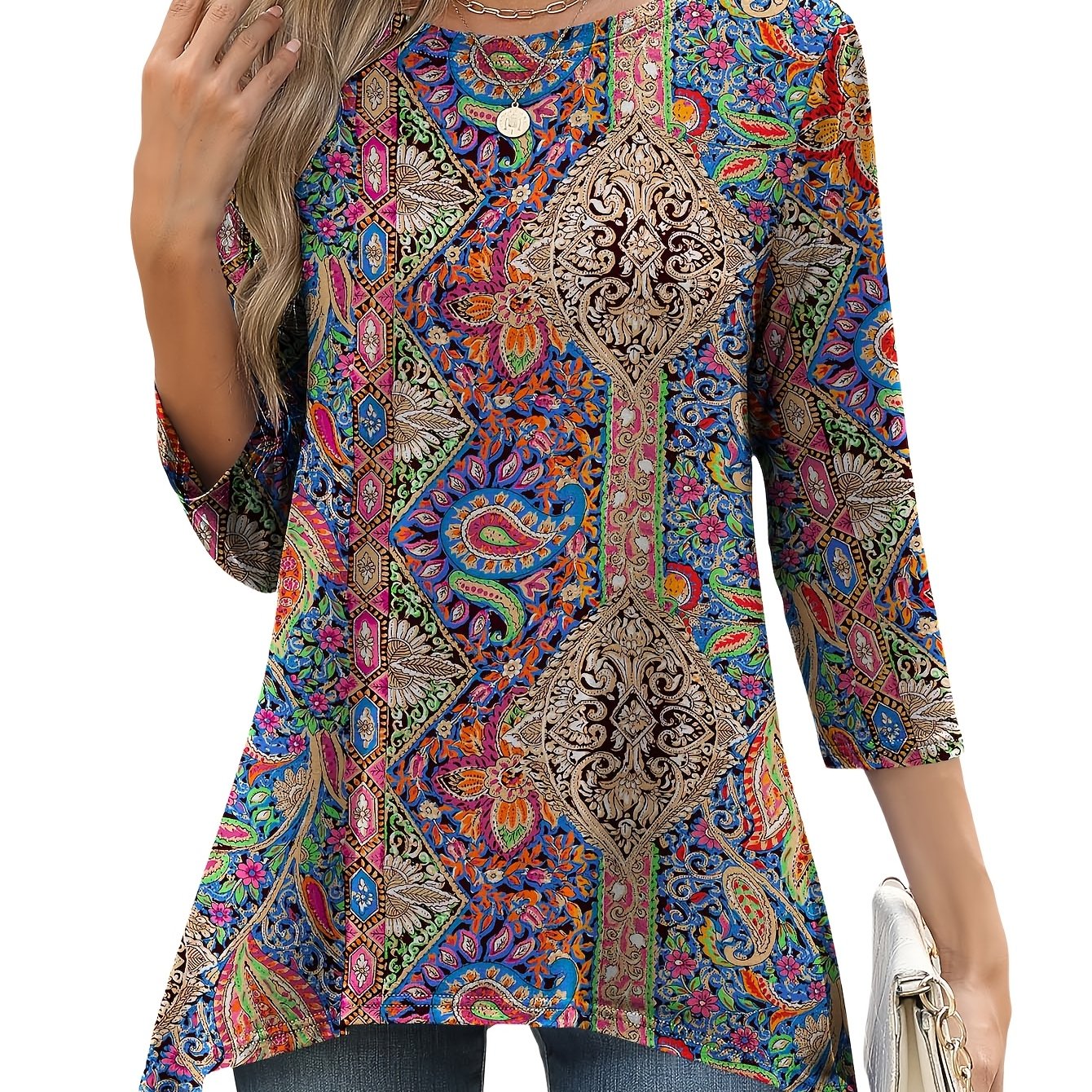 [Bohemian Style Top] Bohemian Style Women's Geometric Print 3/4 Sleeve Top | Casual Round Neck, Contrast Color Design, Lightweight & Breathable for Spring/Summer, Glossy Texture