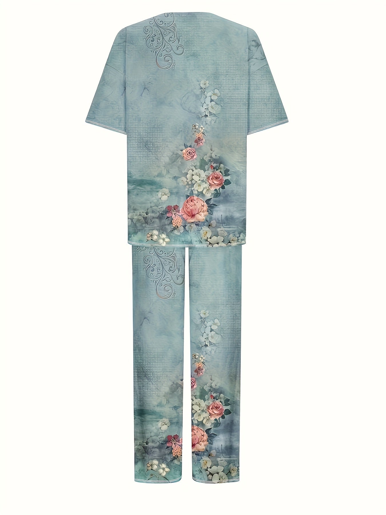 Women'S Casual Floral Print Pajama Set - Light Blue Polyester Crew Neck Top with Pink Roses Design, White Pants, All-Season Comfort, Casual Attire|Floral Print Pajama Set|Polyester Fabri
