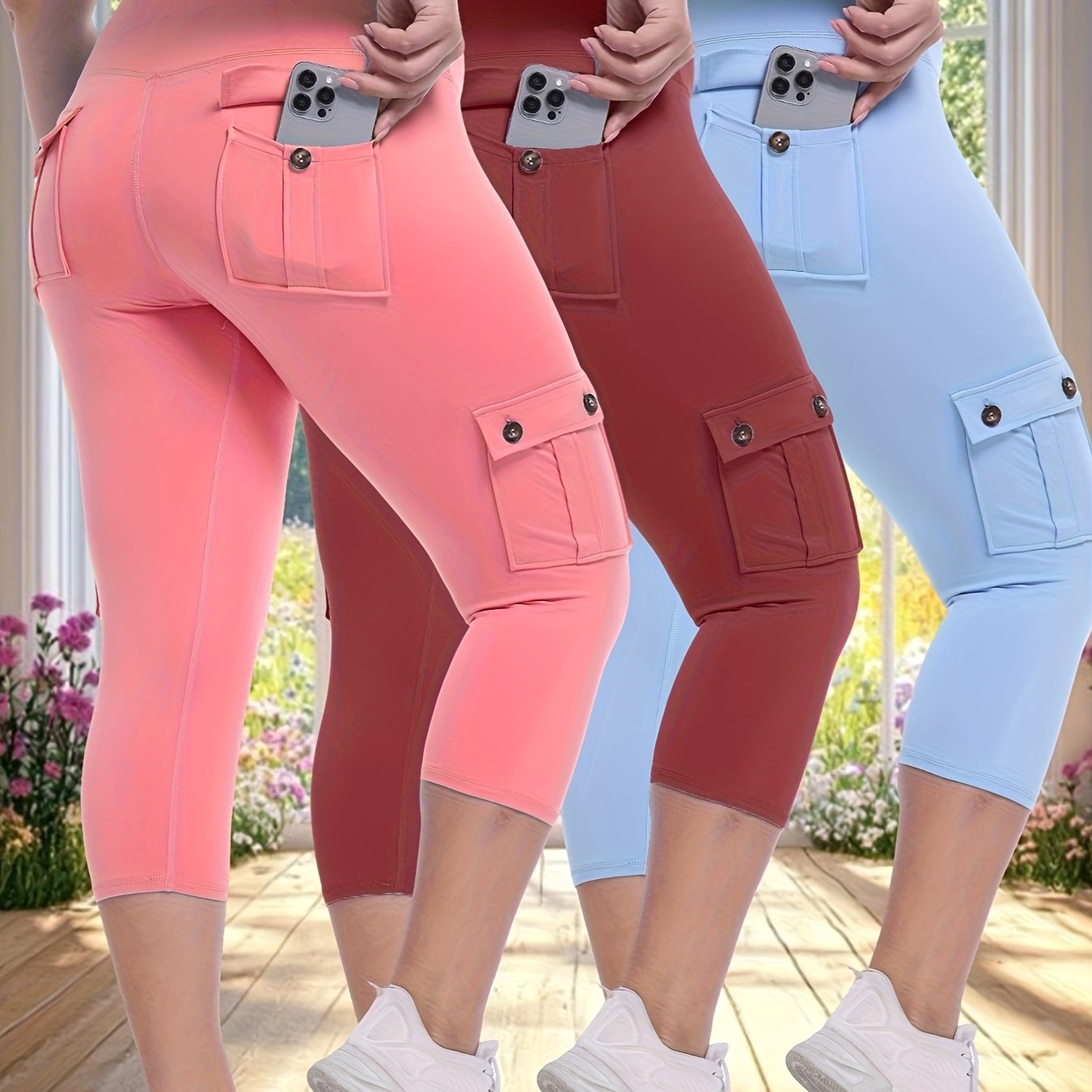 3pcs Women'S High-Waisted Yoga 7/10 Pants with Pockets - Stretch Running And Sports Leggings, Button Design, Solid Color, Comfortable Polyester Blend Fabric.