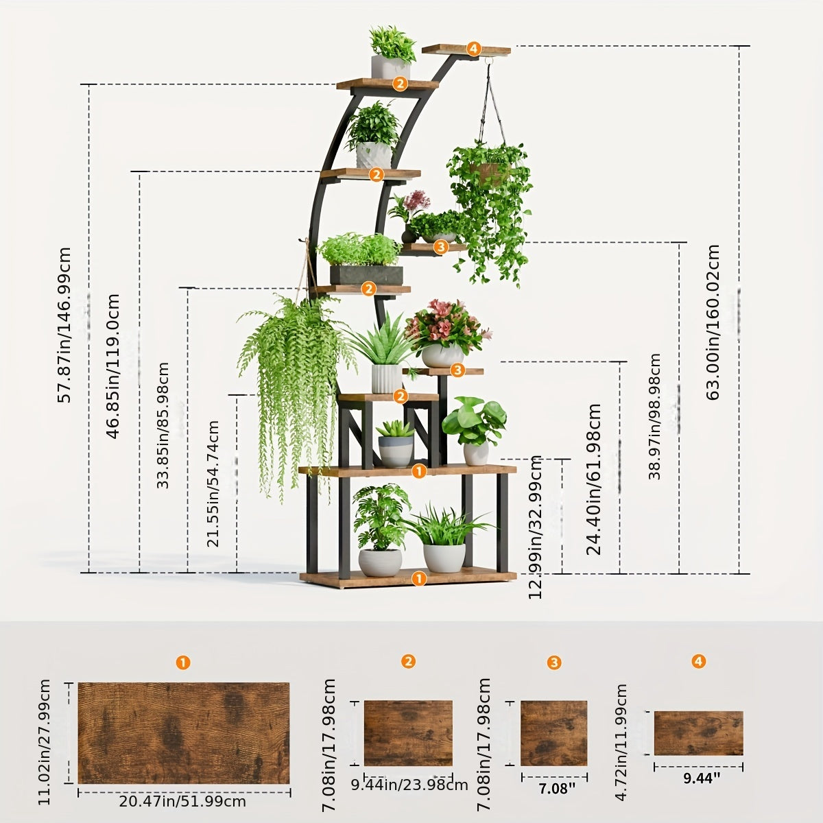 Plant Stand Indoor With Grow Lights, 9 Tiered Metal Plant Shelf, 63" Tall Plant Stand For Indoor Plants Multiple, Large Plant Rack Display Shelves, Corner Plant Holder For Living Room, Patio