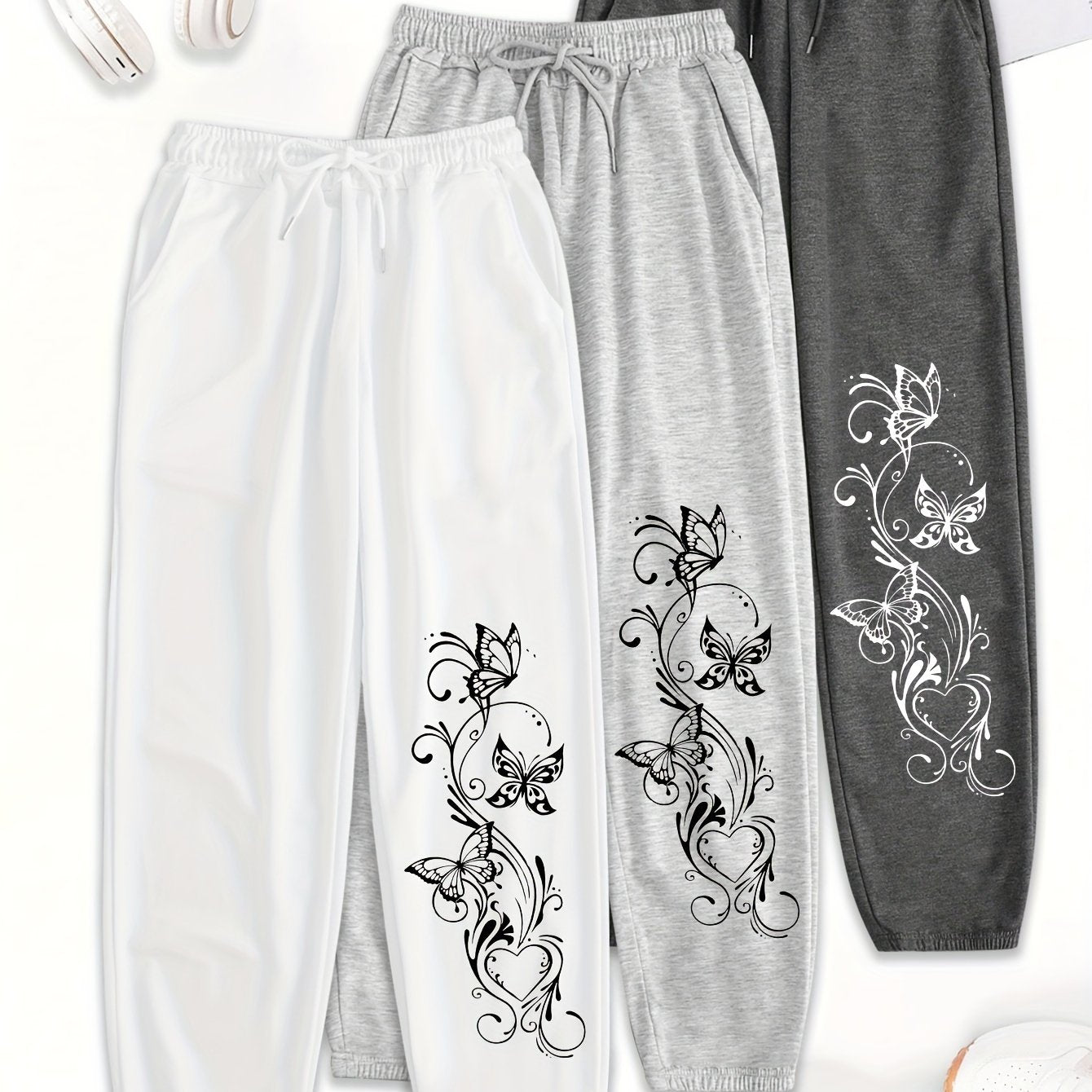 Women's 3-Pack Polyester Drawstring Sweatpants with Pockets - Loose Fit Casual All-Season Knit Joggers with Floral Print Detail