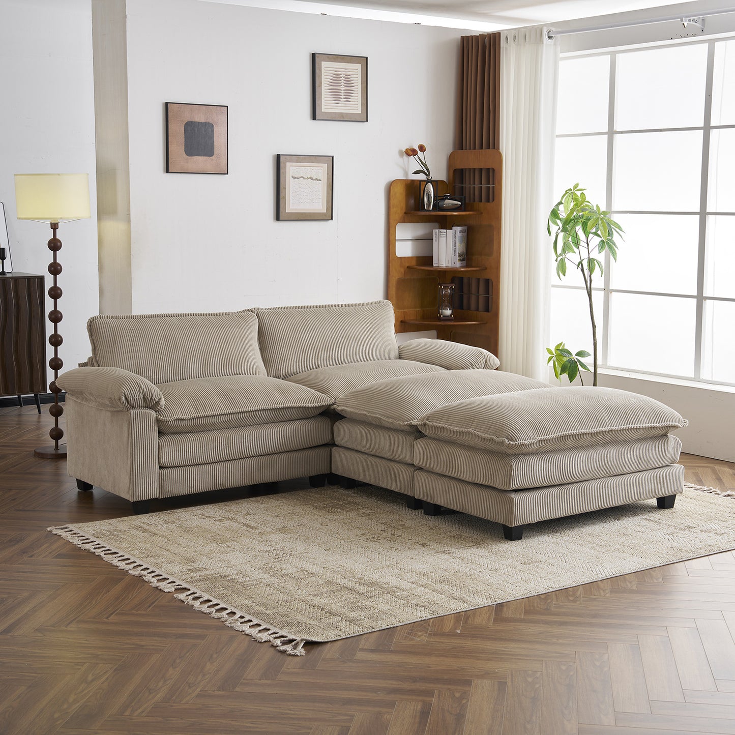 [Modern Cloud Sofa] MOTOOS 90.16 Inch Modern Corduroy Combination Cloud Sofa with Two Footstools, Double Layer Soft Cushion Double Sofa, Comfortable Sofa Bed, 2 Pillows and Removable Armrests