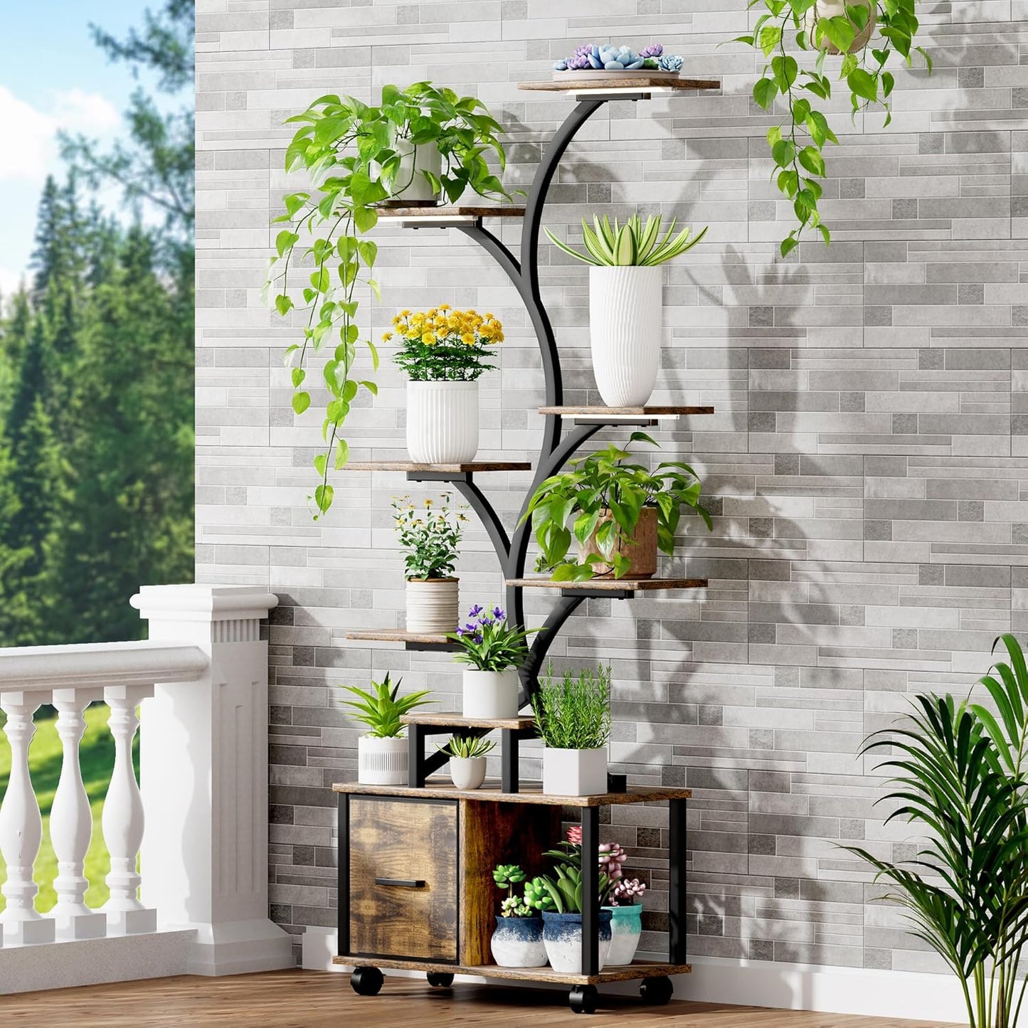 65" Tall 9-Tier Modern Plant Stand with Grow Light & Locking Casters - Heavy-Duty Steel Indoor Plant Shelf with Drawer, Brown/Golden Contemporary Design, Space-Saving Vertical Garden for Living Room, Balcony, Patio - Ideal fo