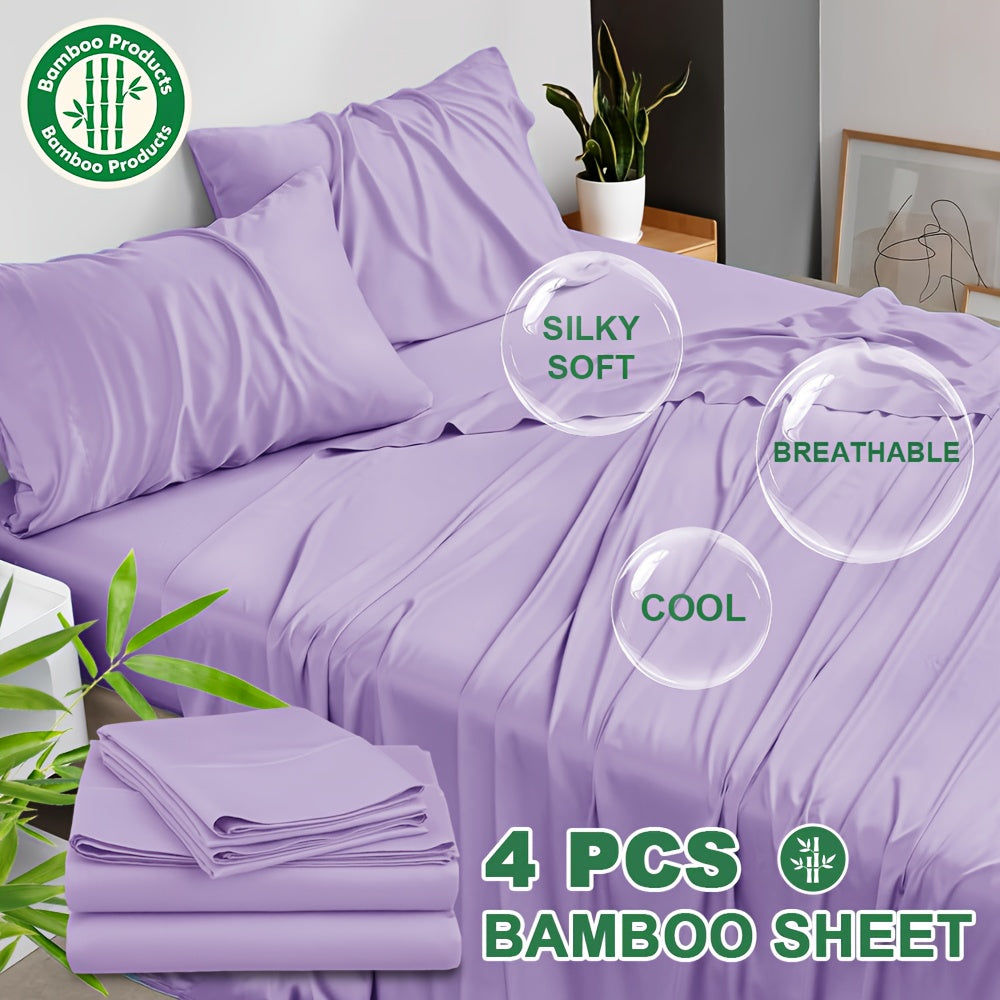 4pcs Cooling Bamboo Blend Bed Sheet Set, Deep Pocket 20" Bed Sheet, Creating A Five Star Hotel Like Luxurious Experience, Deep Pockets (Up To 20"), Wrinkle, Fade, Fitted Sheet+Flat Sheet+Pillowcase